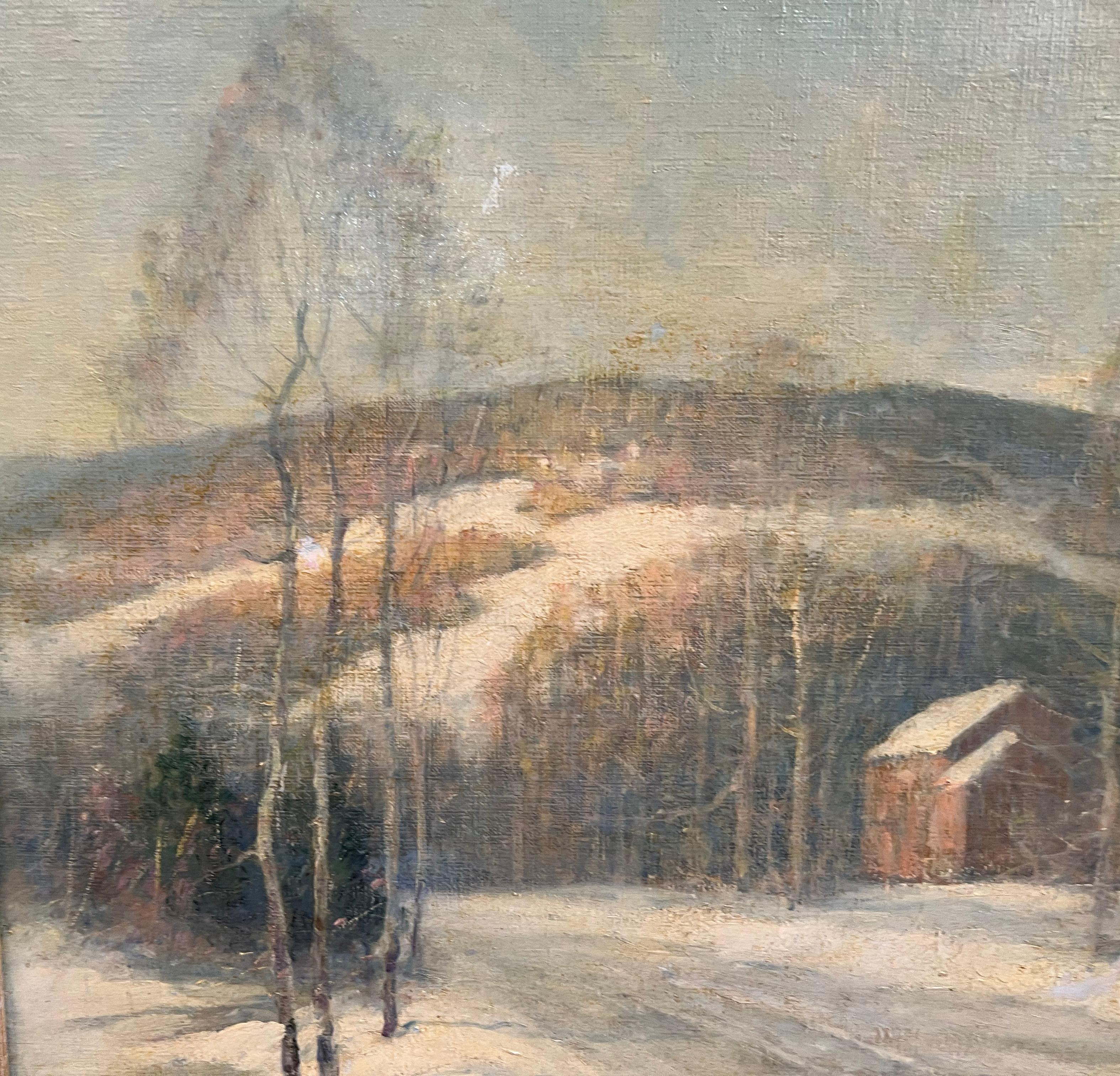 Antique American Impressionist Winter Landscape Exhibited Signed Oil Painting For Sale 1