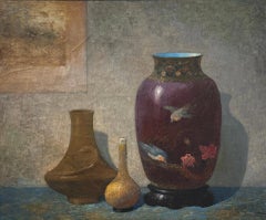 Ernest Albert Natura morta dipinta a olio con vaso decorativo