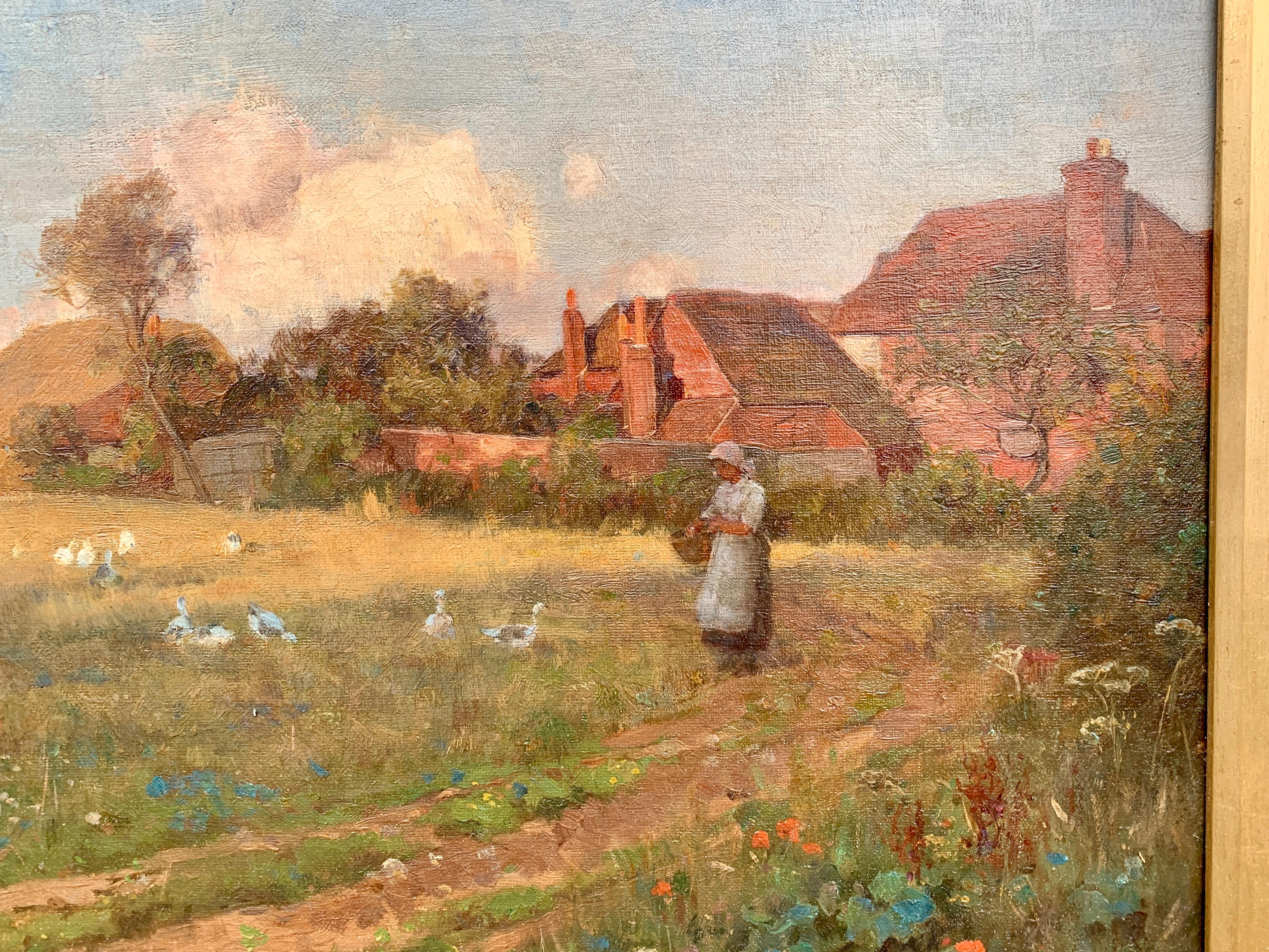 English 19th century Cottage landscape with lady feeding ducks and wild poppies - Painting by Ernest Albert Waterlow