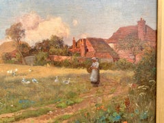 English 19th century Cottage landscape with lady feeding ducks and wild poppies