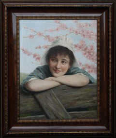 Girl under Blossom - Victorian 1890 art female portrait oil painting springtime