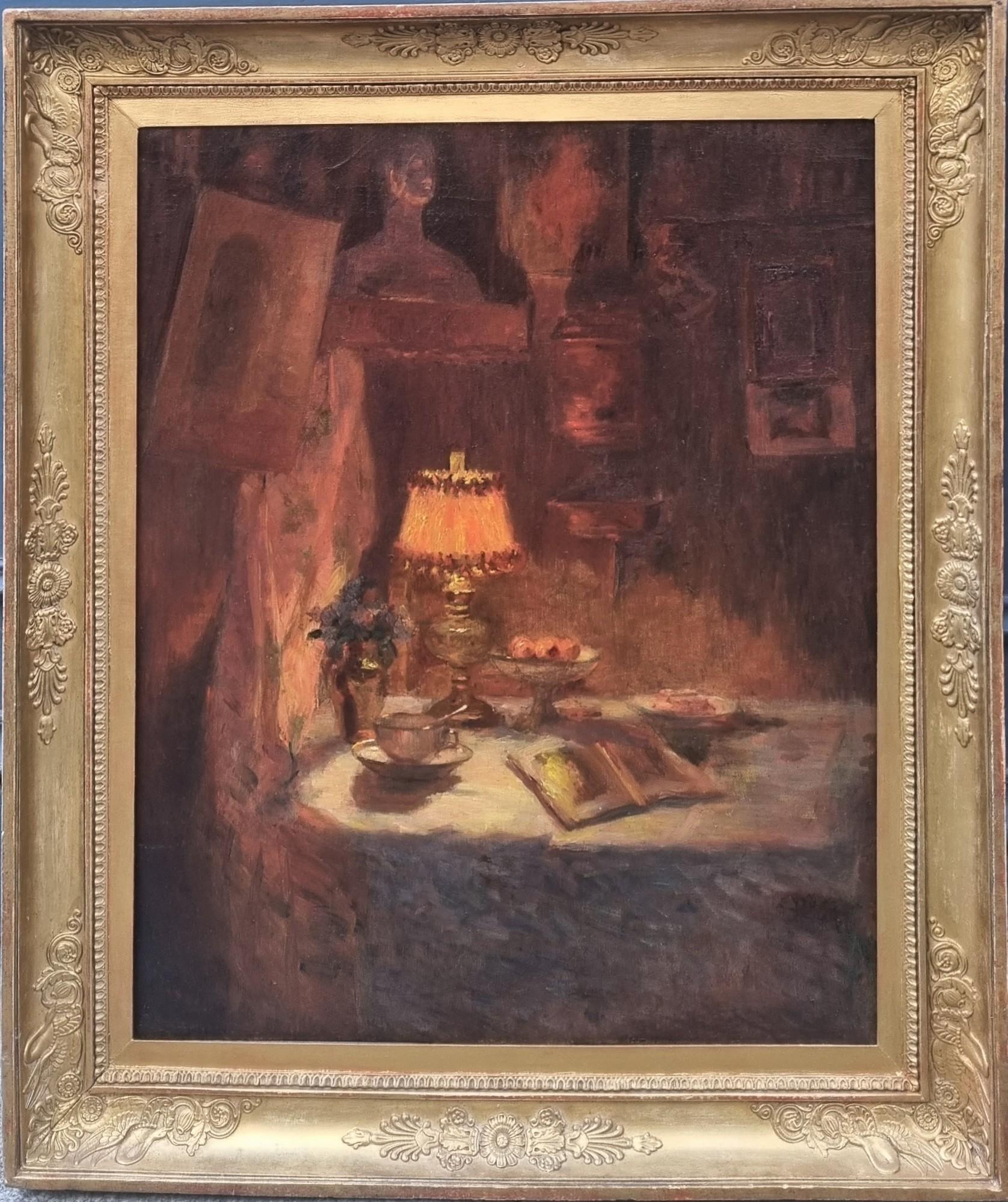 Französisch Impressionist Gemälde zugeschrieben DUEZ Stillleben unter der Lampe 19. – Painting von Ernest Ange Duez