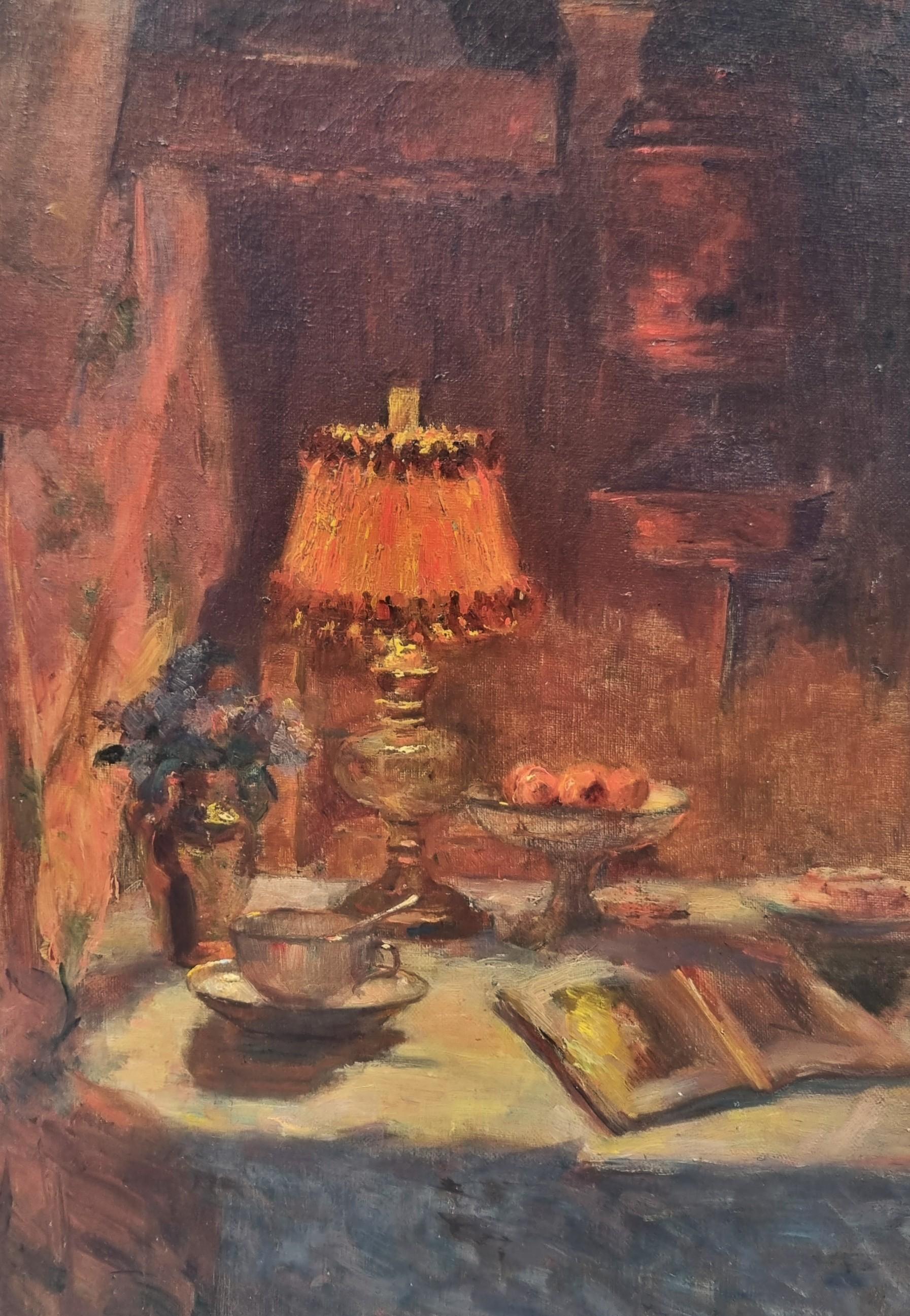 Französisch Impressionist Gemälde zugeschrieben DUEZ Stillleben unter der Lampe 19. (Impressionismus), Painting, von Ernest Ange Duez