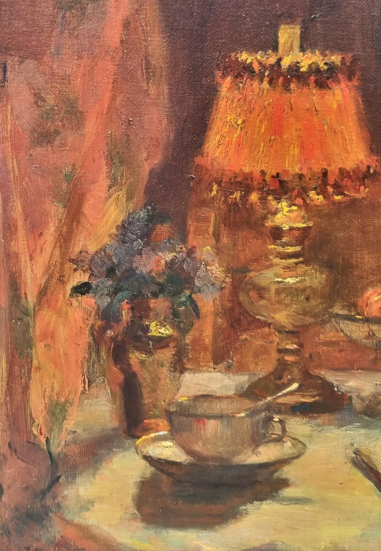 Französisch Impressionist Gemälde zugeschrieben DUEZ Stillleben unter der Lampe 19. (Braun), Still-Life Painting, von Ernest Ange Duez