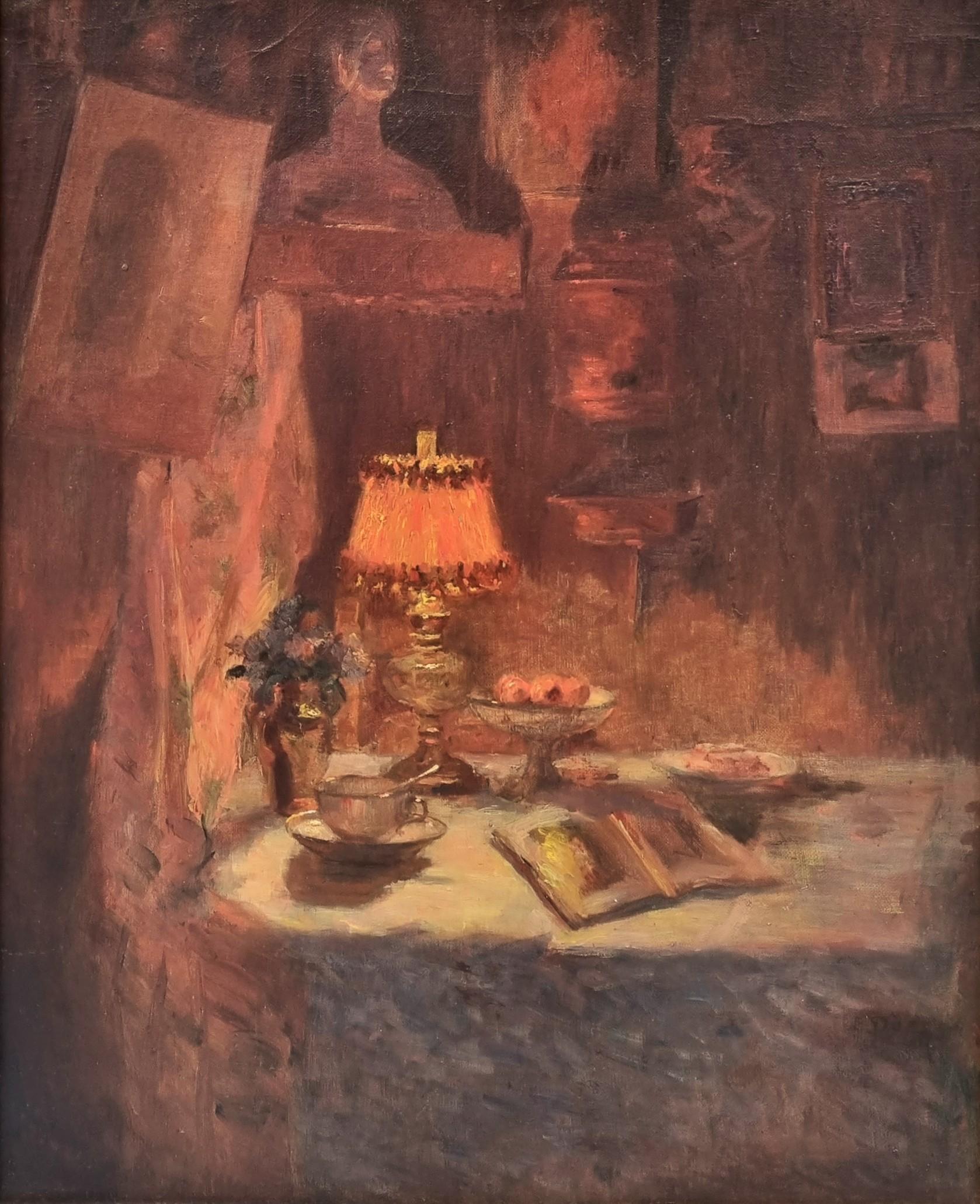 Ernest Ange Duez Still-Life Painting – Französisch Impressionist Gemälde zugeschrieben DUEZ Stillleben unter der Lampe 19.