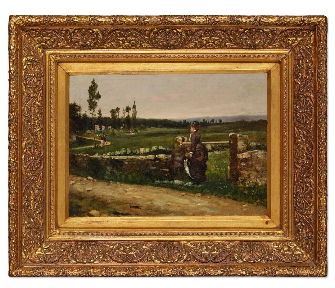 Schönes Ölgemälde von Ernest Ange Duez, das eine elegante junge Dame darstellt, die sich in einer ländlichen Umgebung an eine Steinmauer lehnt.

Öl auf Leinwand
Signiert unten rechts 
Abmessungen der Leinwand: 12.75" x 18"
Abmessungen des Rahmens: