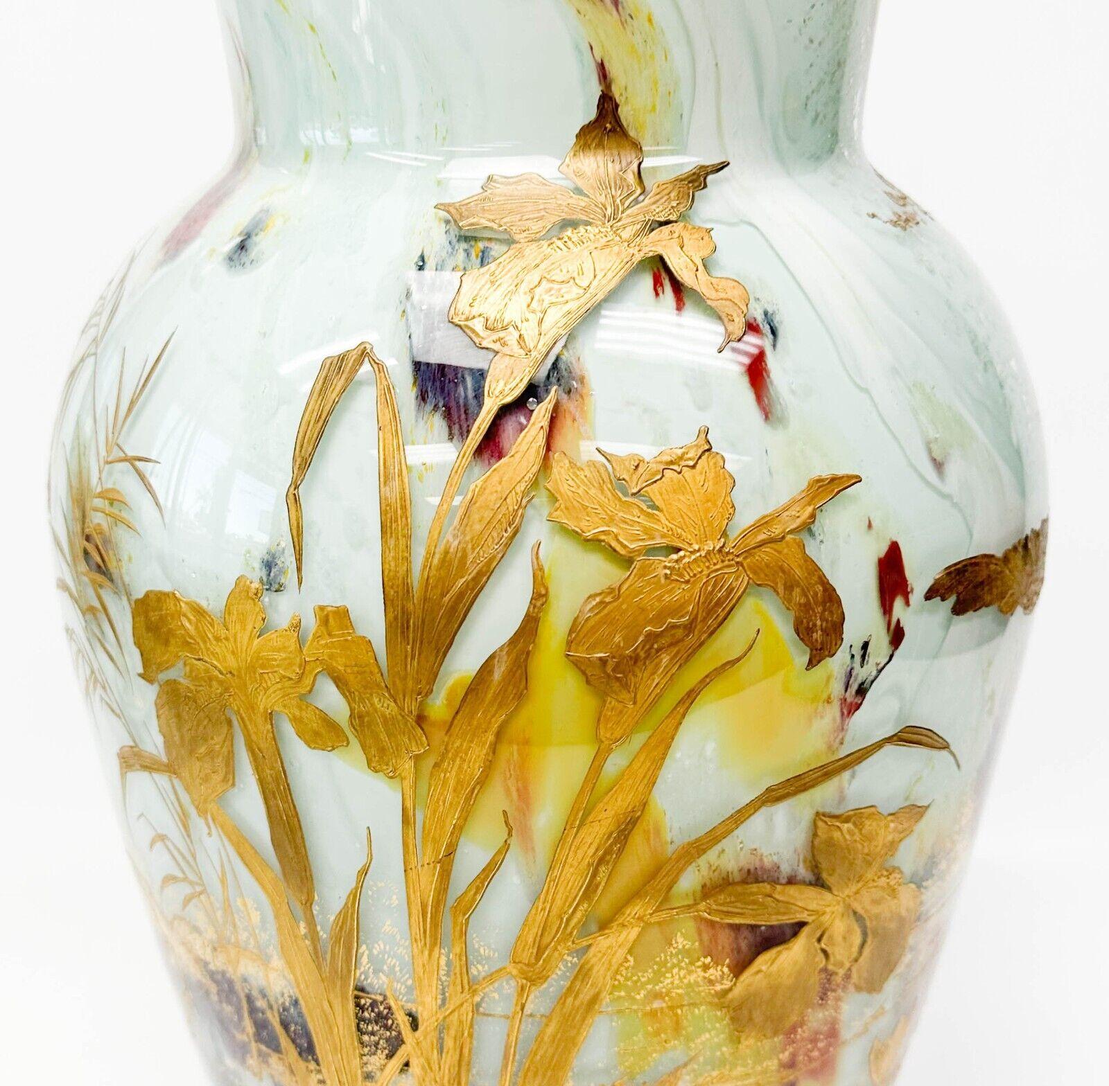 French  Ernest Baptiste Leveille Opaque Art Glass Vase, c1900 Gilt Florals For Sale