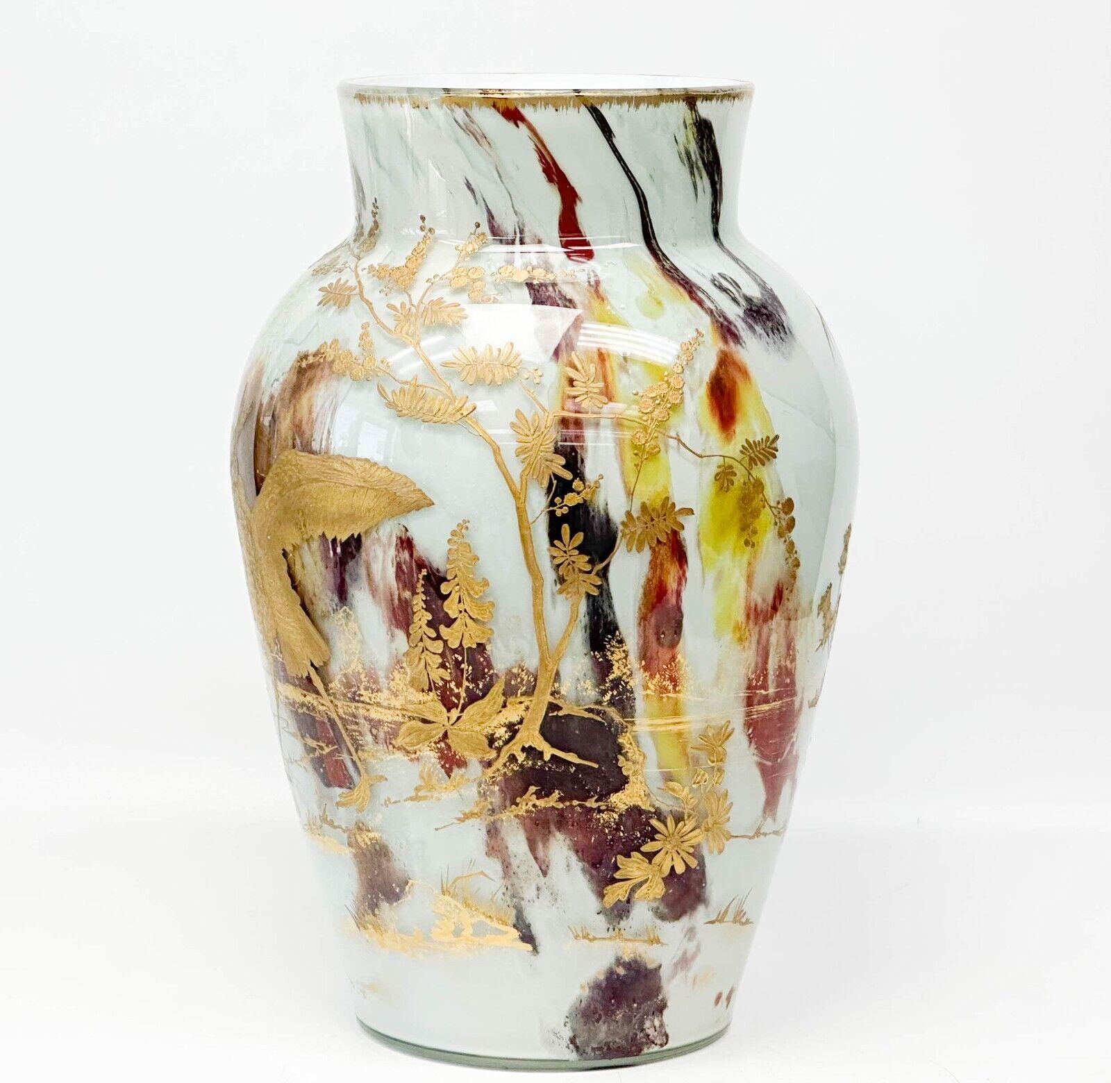  Ernest Baptiste Leveille Opaque Art Glass Vase, c1900 Gilt Florals In Good Condition For Sale In Gardena, CA