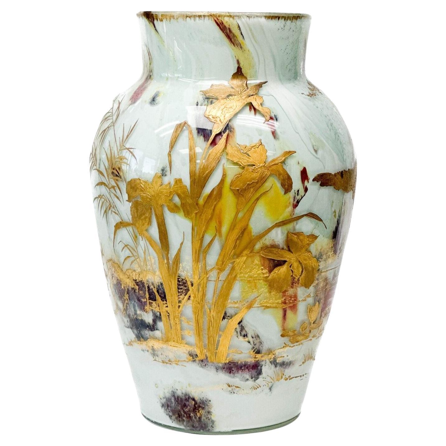  Ernest Baptiste Leveille Opaque Art Glass Vase, c1900 Gilt Florals For Sale