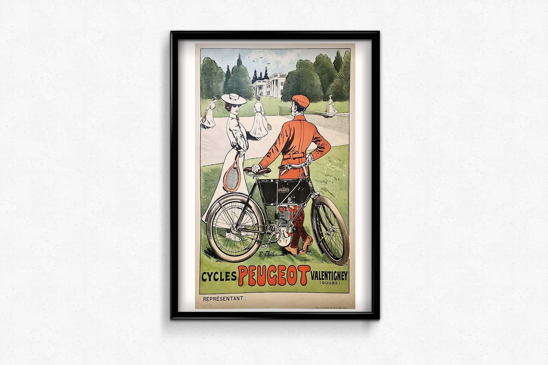 Sehr schönes Plakat von Thelem (Ernest BARTHÉLEMY LEM, 1869-1930) für die Peugeot-Fahrräder.

Der Aufstieg der Familie Peugeot zur Industriemacht begann mit der Entdeckung von Eisen im Doubs-Tal in Ostfrankreich. Zunächst produzierte sie Werkzeuge.