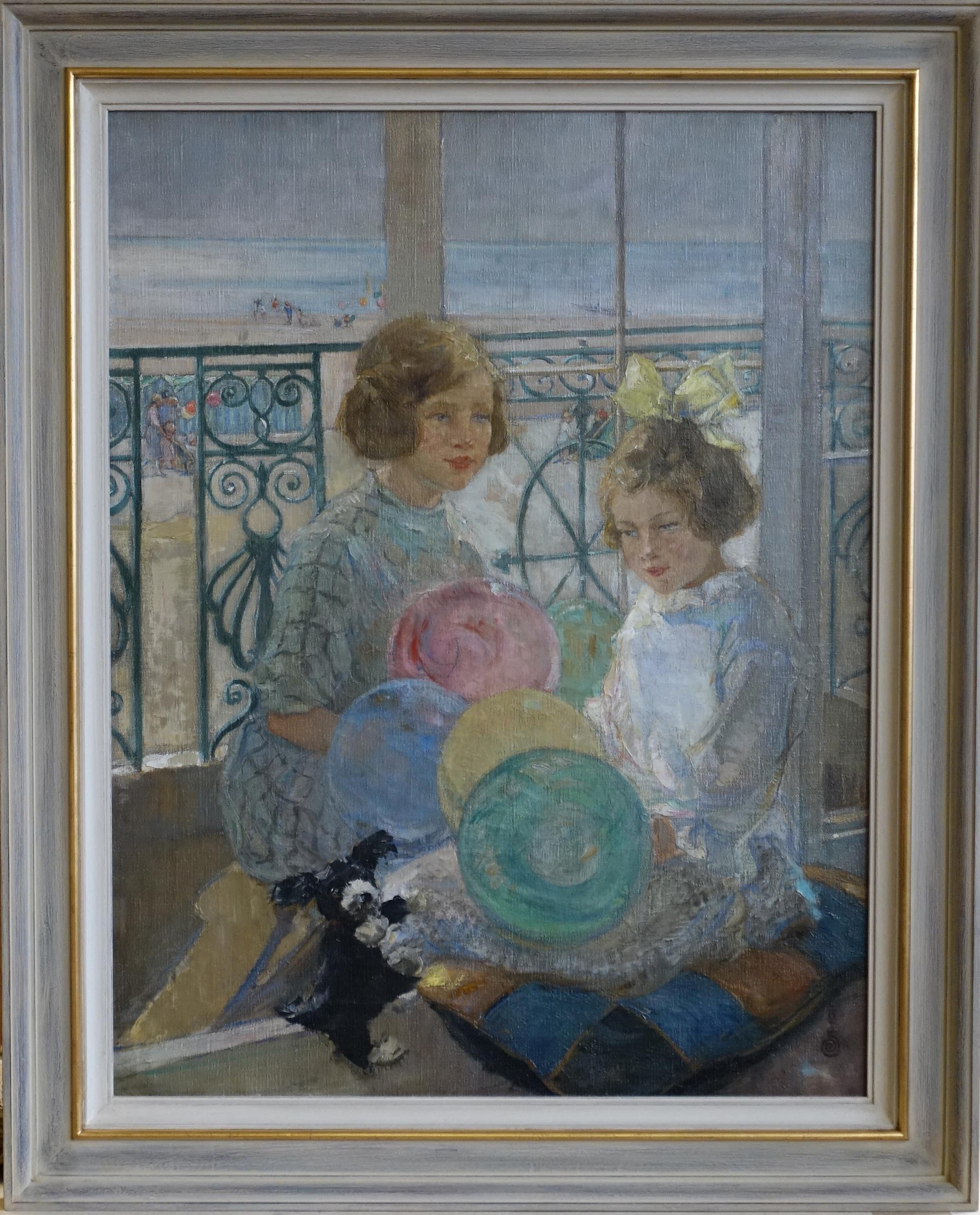 Portrait of Sisters - British Art Deco portrait oil painting young girls seaside 4