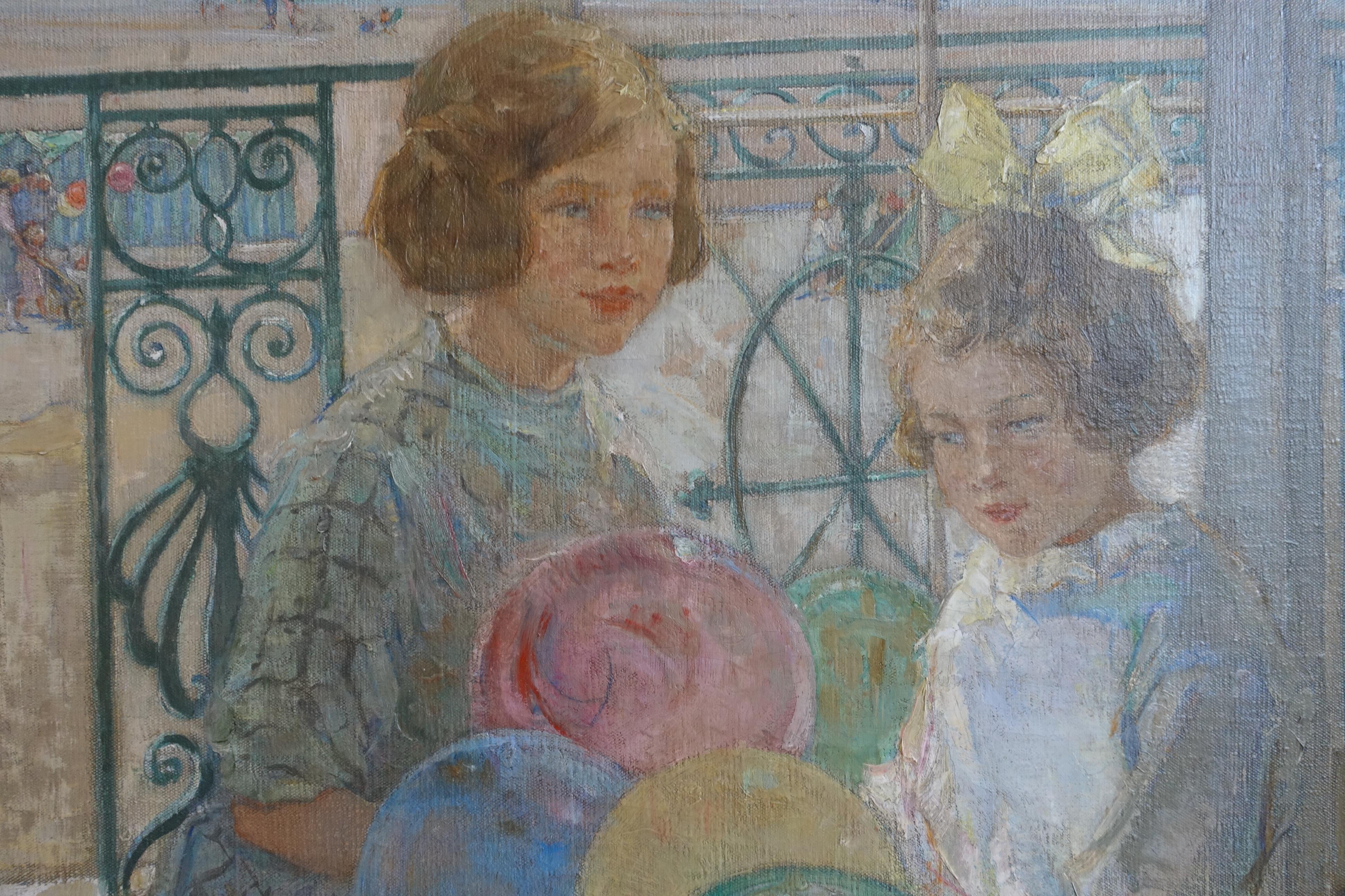 Portrait of Sisters - British Art Deco portrait oil painting young girls seaside 1