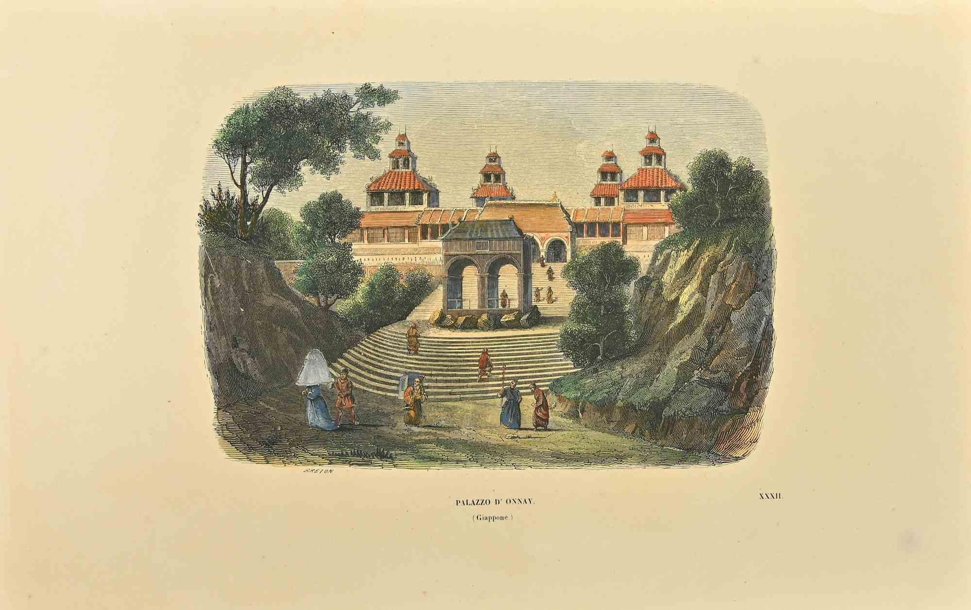 View of the Palace of Onnay in Japan is a woodcut on creamy-colored paper realized by Ernest Breton in 1843.

Signed on the plate, titled on the lower.

Good conditions.

The artwork is depicted through soft strokes in a well-balanced composition,