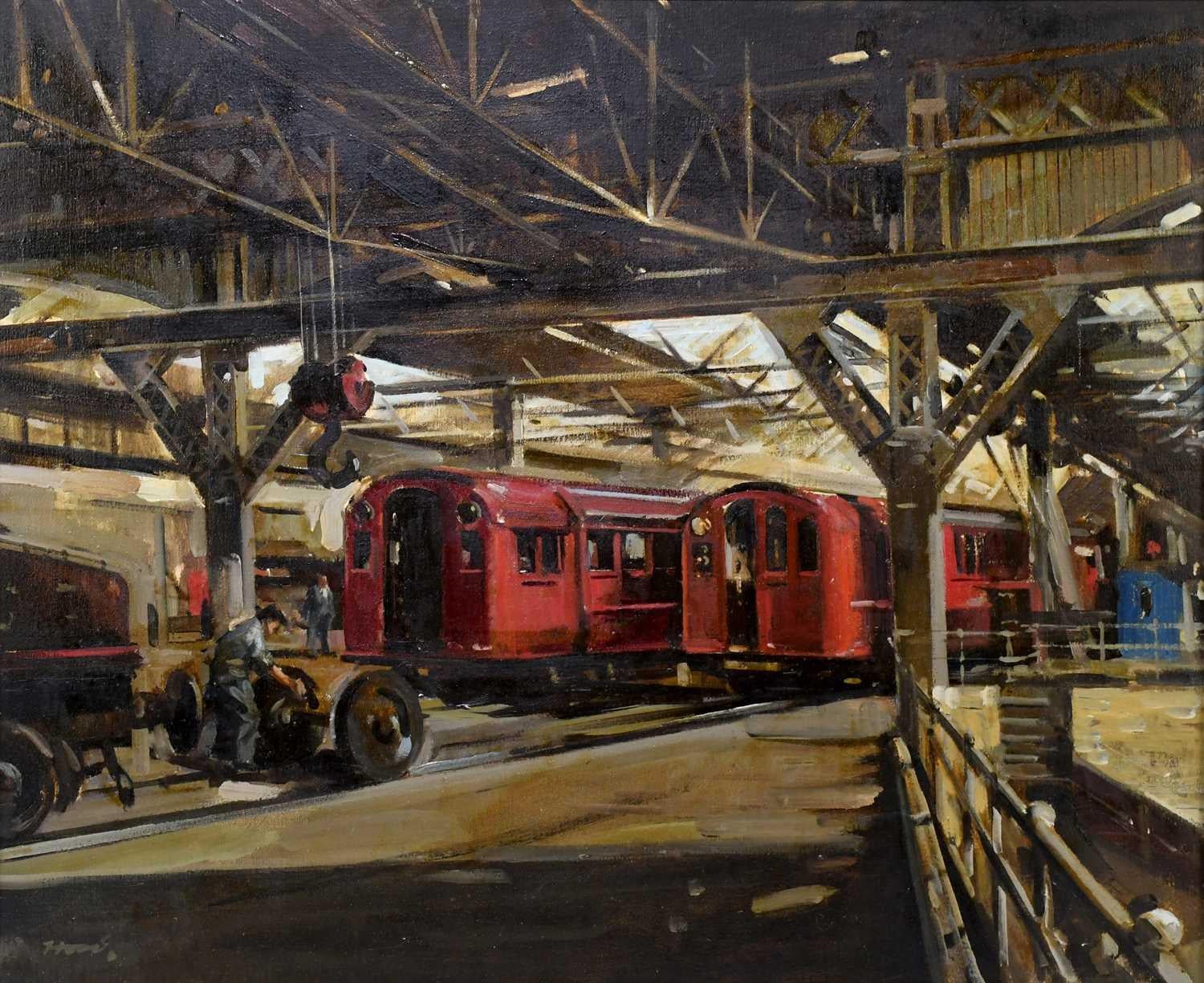 British Mid Century, The Original Glasgow Underground Train Maintenance Depot - Painting by Ernest Burnett Hood