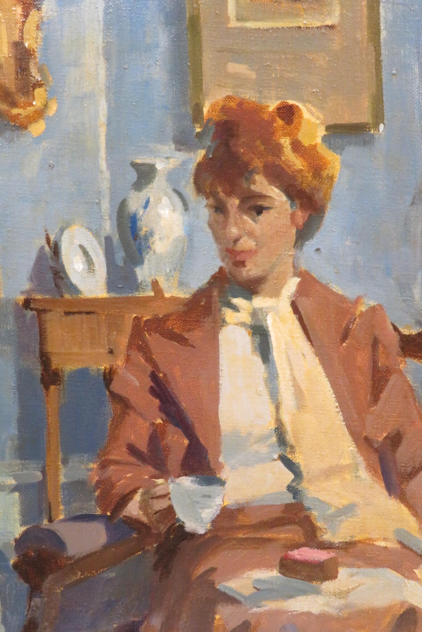 ORIGINAL MID 20th Century SCOTTISH Portrait OIL PAINTING of a seated lady - Post-Impressionist Painting by Ernest Burnett Hood