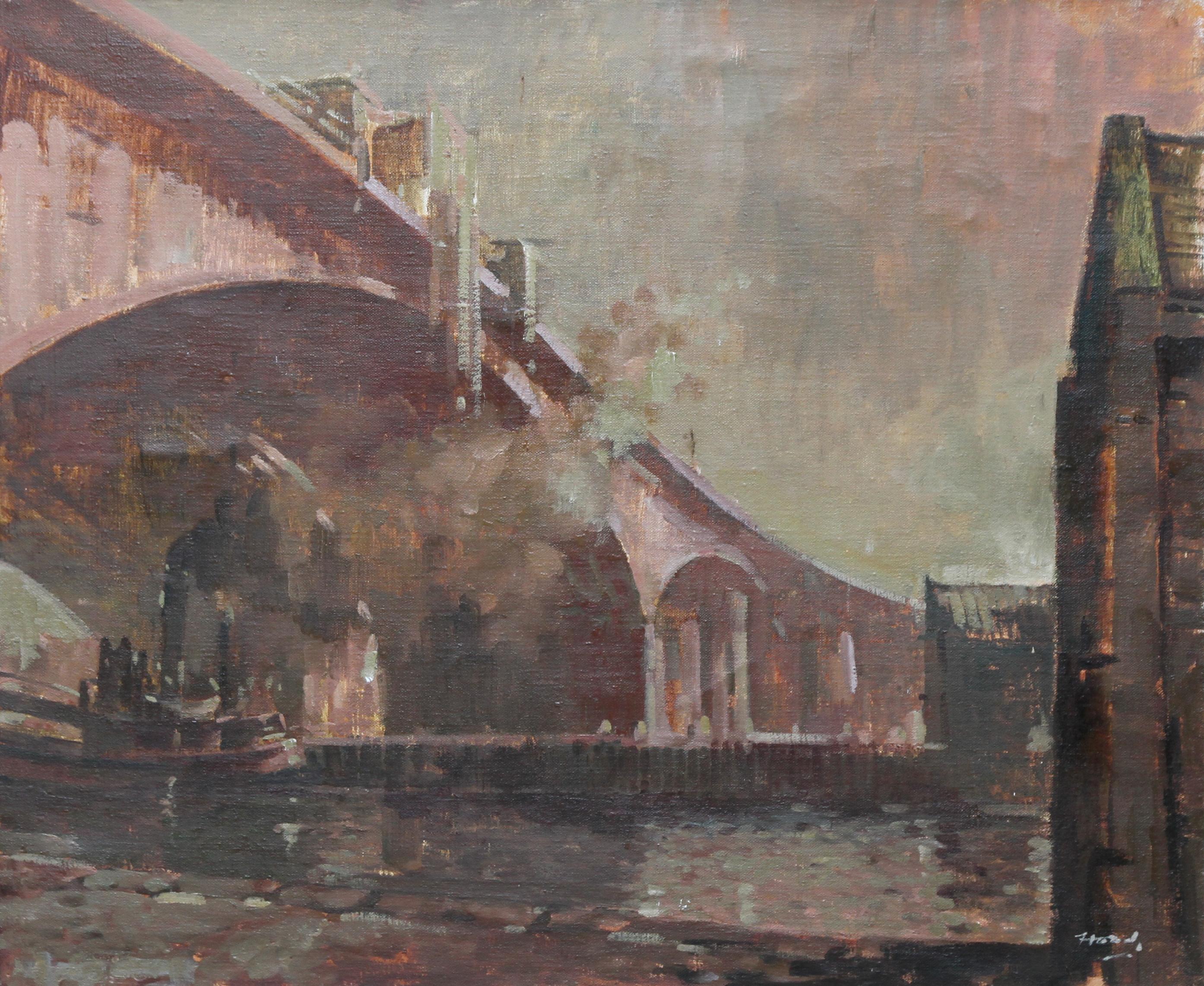 The Bridge - Scottish 20thC art oil painting Industrial river landscape Glasgow - Painting by Ernest Burnett Hood