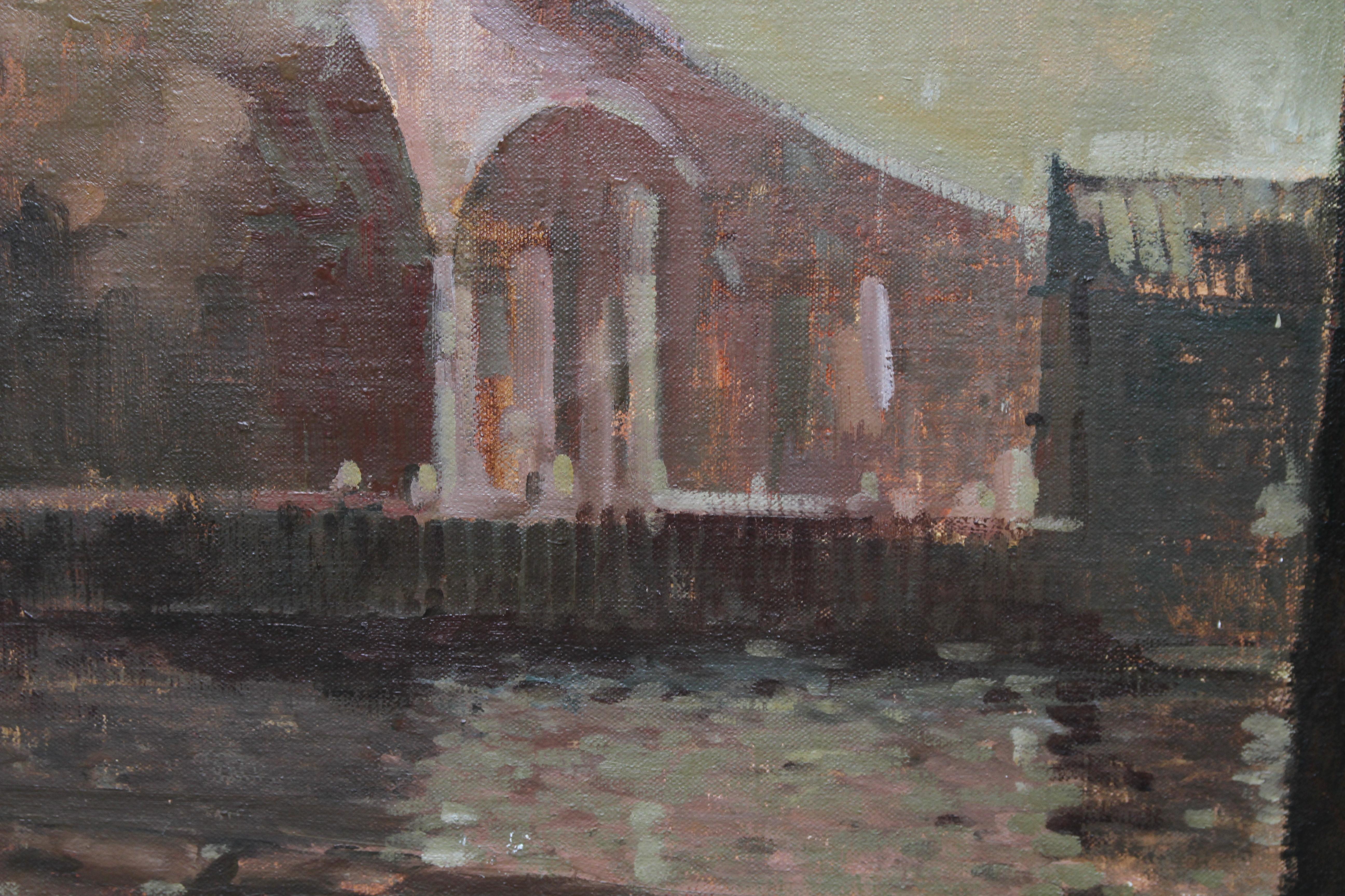 The Bridge - Scottish 20thC art oil painting Industrial river landscape Glasgow - Impressionist Painting by Ernest Burnett Hood