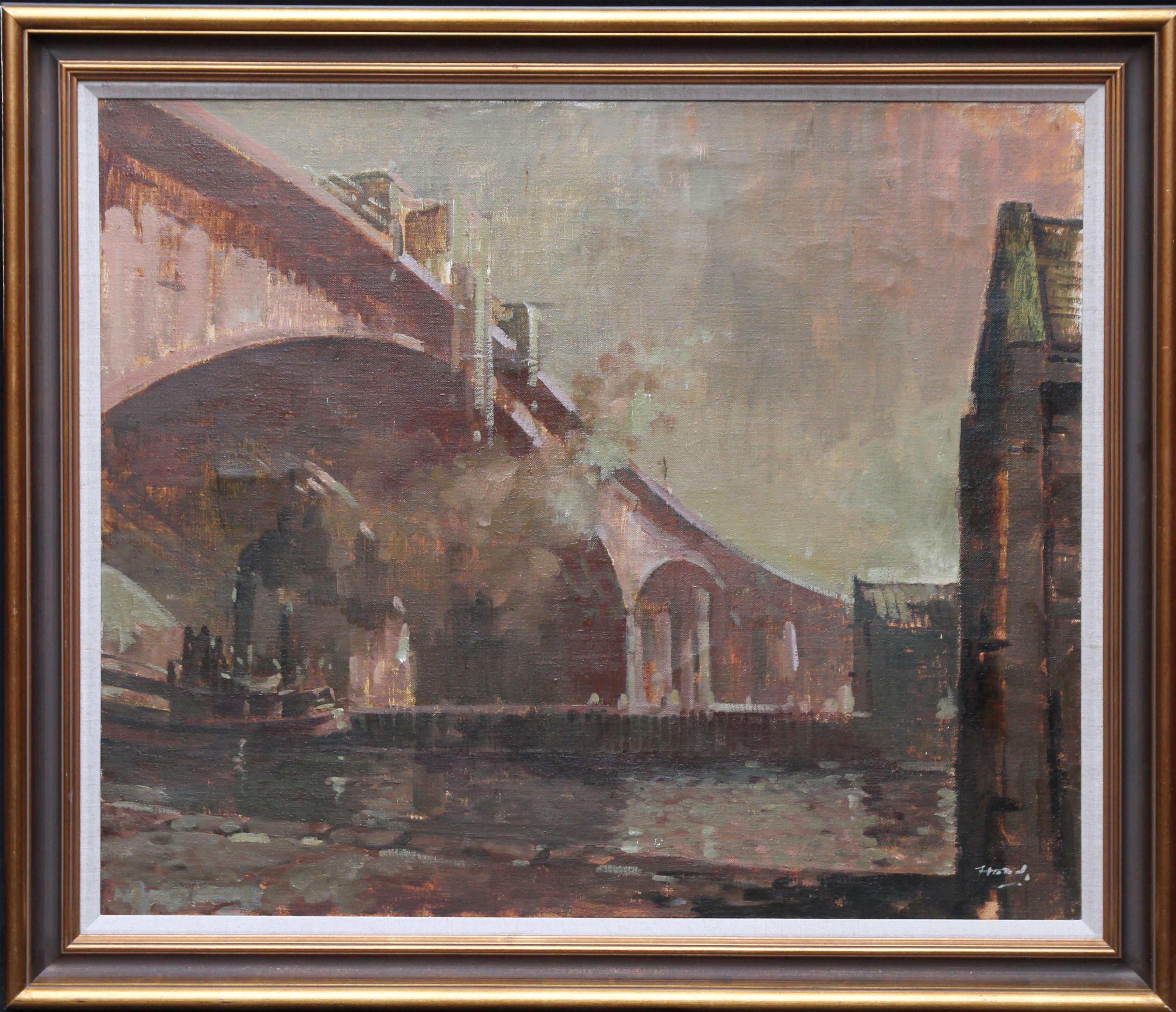 Ernest Burnett Hood Landscape Painting - The Bridge - Scottish 20thC art oil painting Industrial river landscape Glasgow