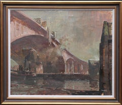 Vintage The Bridge - Scottish 20thC art oil painting Industrial river landscape Glasgow