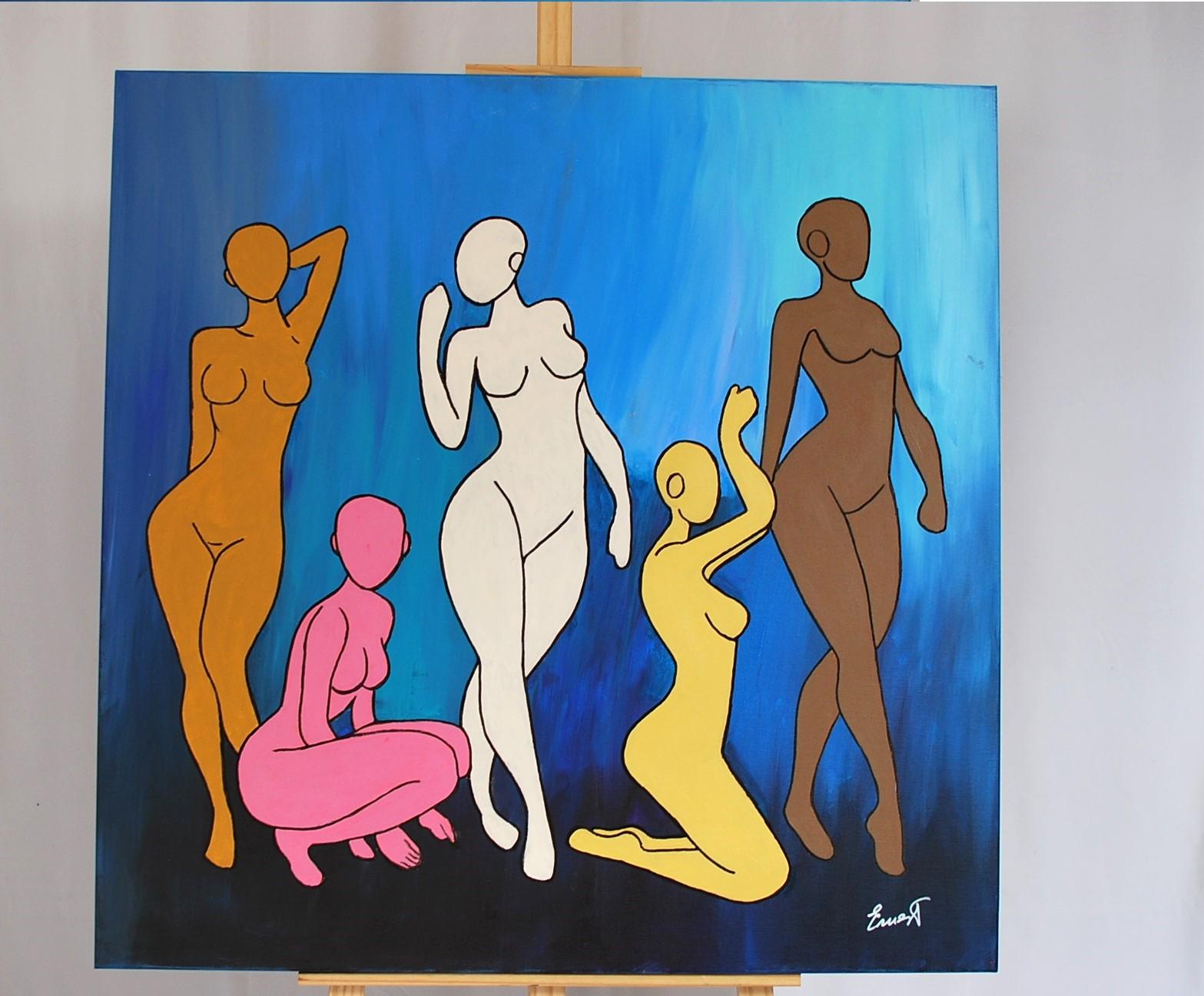 Gruppe von fünf stilisierten weiblichen Figuren, die mit dunklen Linien umrandet sind und durch ihre Körperhaltung und die kontrastierenden Farben Bewegung und Vielfalt vermitteln.