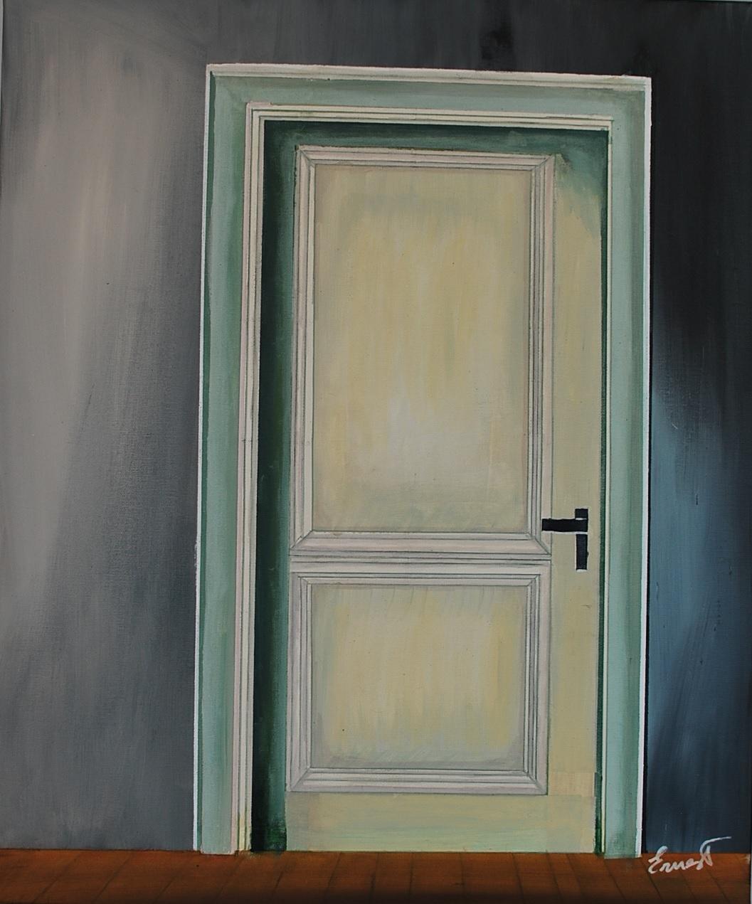 Ernest Carneado Ferreri Figurative Painting – ¿Qué hay detrás de la puerta?