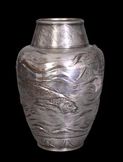 Ernest CARRIÈRE für CHRISTOFLE - Japonistische ovoide Vase "Seetang und Fisch