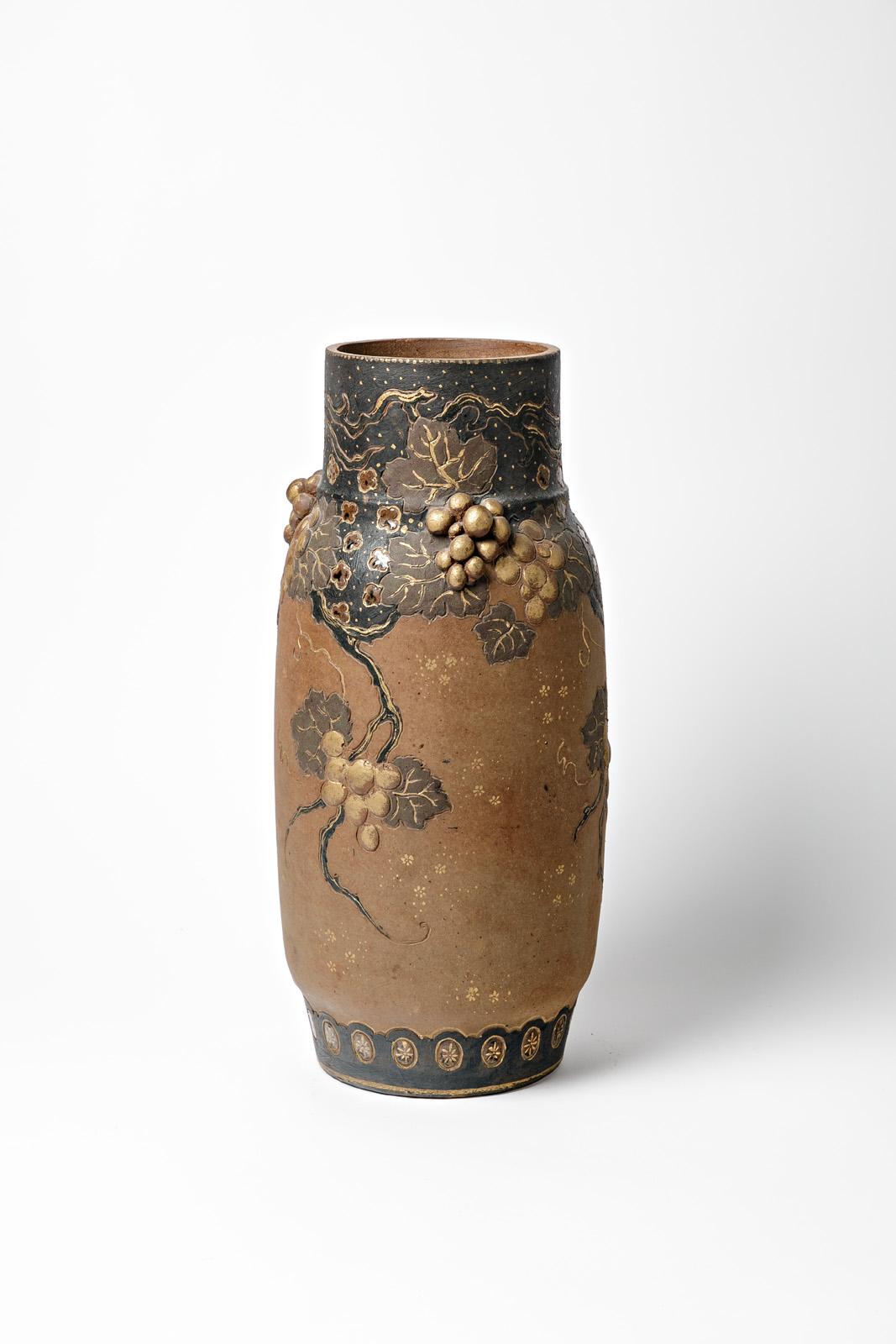 French Ernest Chaplet Large Art Nouveau 1900 Blue and Brown Ceramic Vase Asian Decor