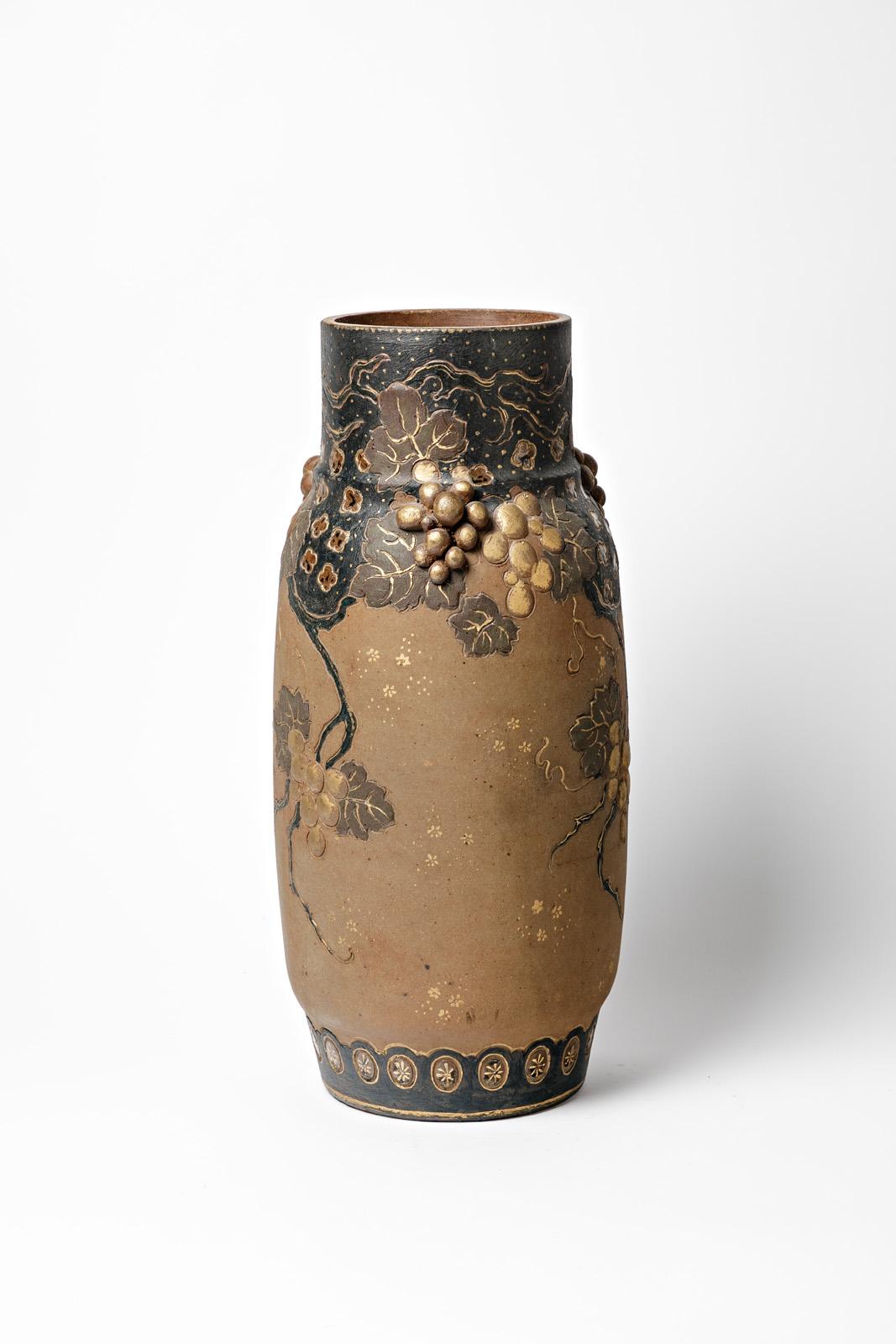 Late 19th Century Ernest Chaplet Large Art Nouveau 1900 Blue and Brown Ceramic Vase Asian Decor