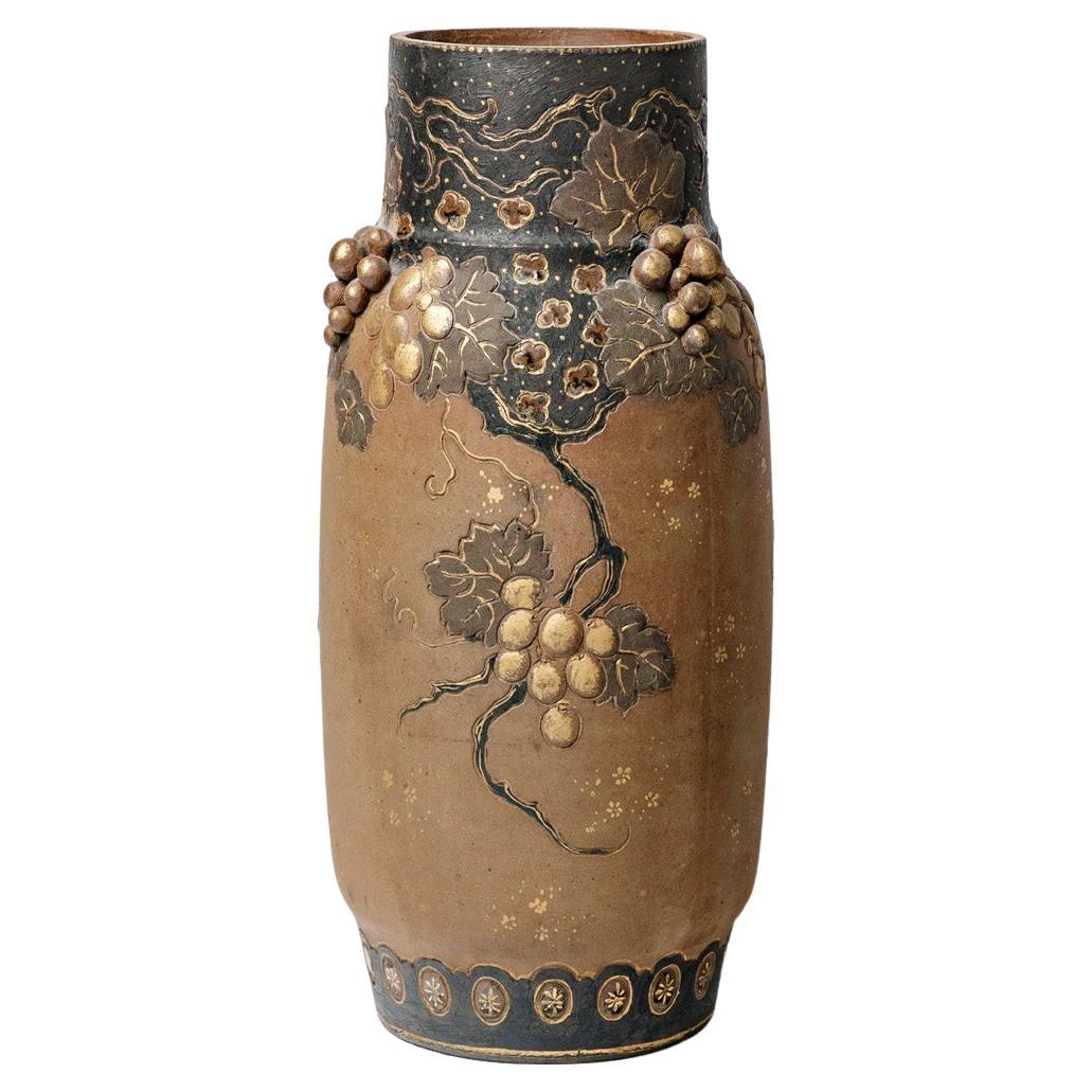Ernest Chaplet Large Art Nouveau 1900 Blue and Brown Ceramic Vase Asian Decor