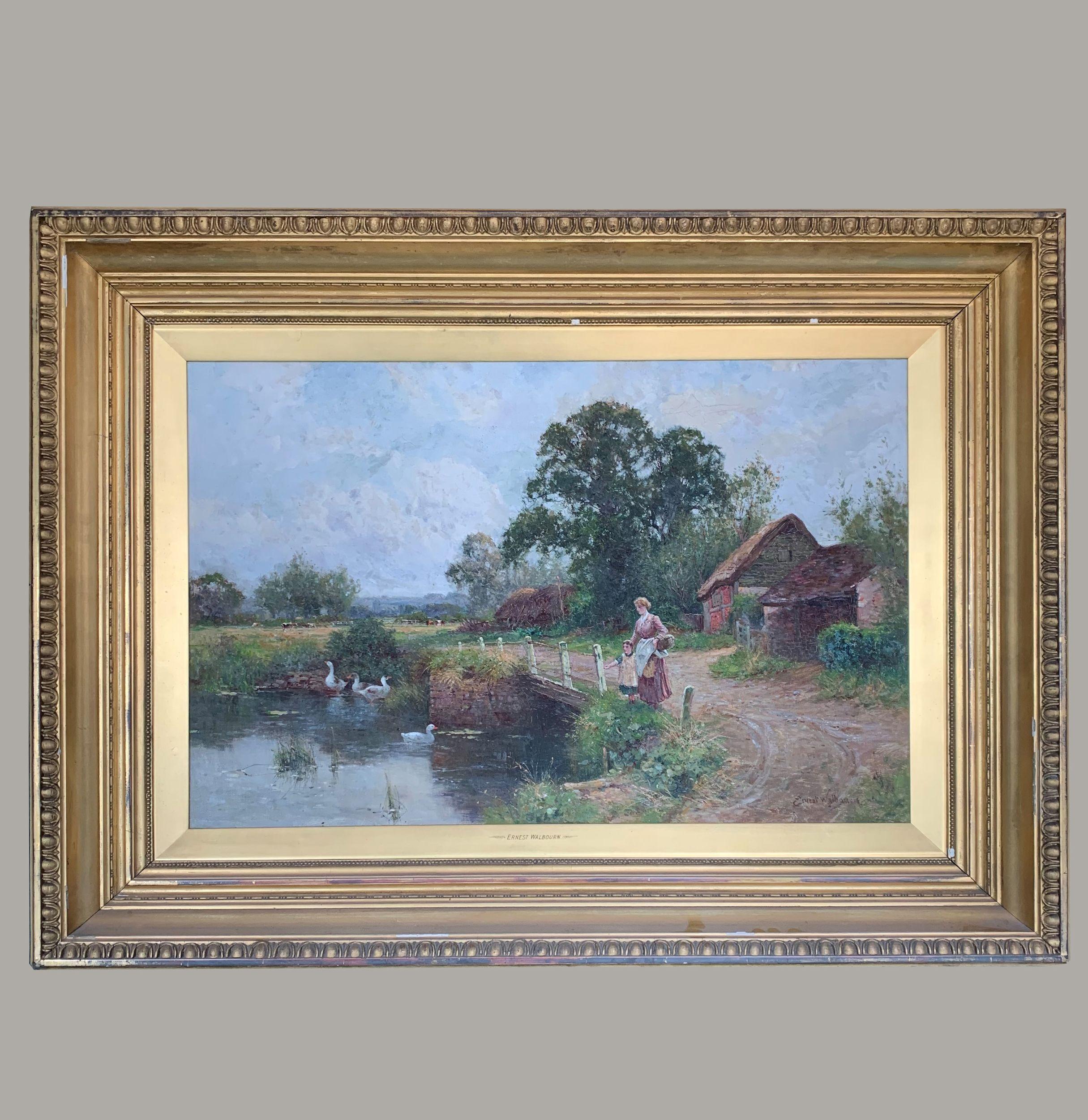 A fine and large pair of oil on canvas country landscape scenes by Ernest Charles Walbourne, 1872 - 1927. Canvas size: 29.25 x 19.25 inches.

Provenance: Private collection, Kent. Bearing label to reverse, 
