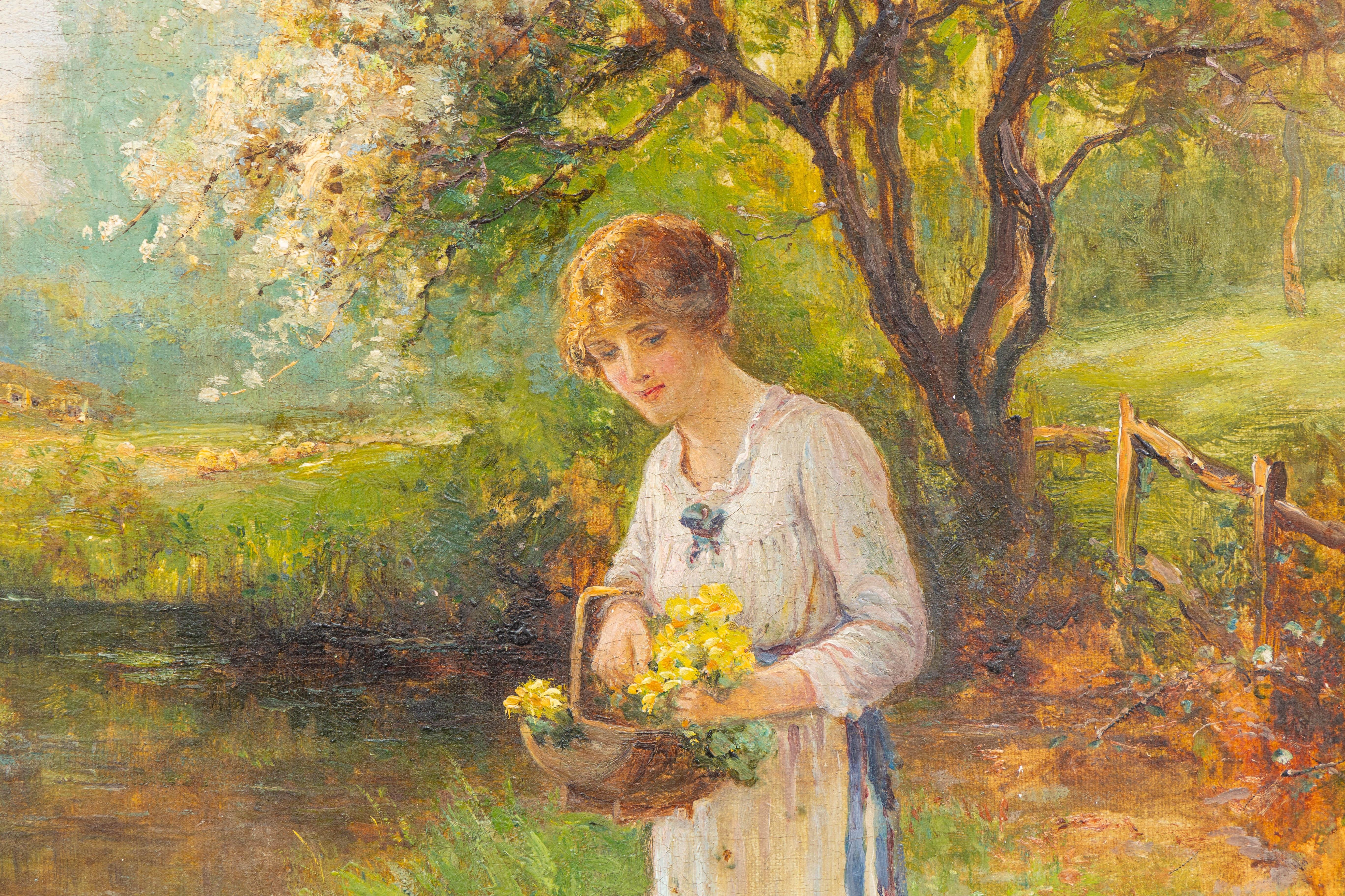 English Ernest Charles Walbourn Dalston, a Young Woman Picking Flowers For Sale