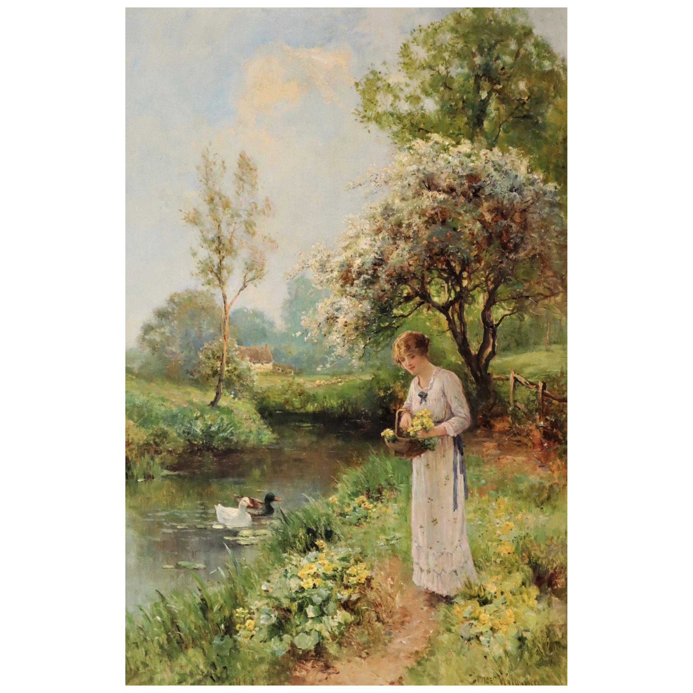 Ernest Charles Walbourn Dalston, a Young Woman Picking Spring Flowers