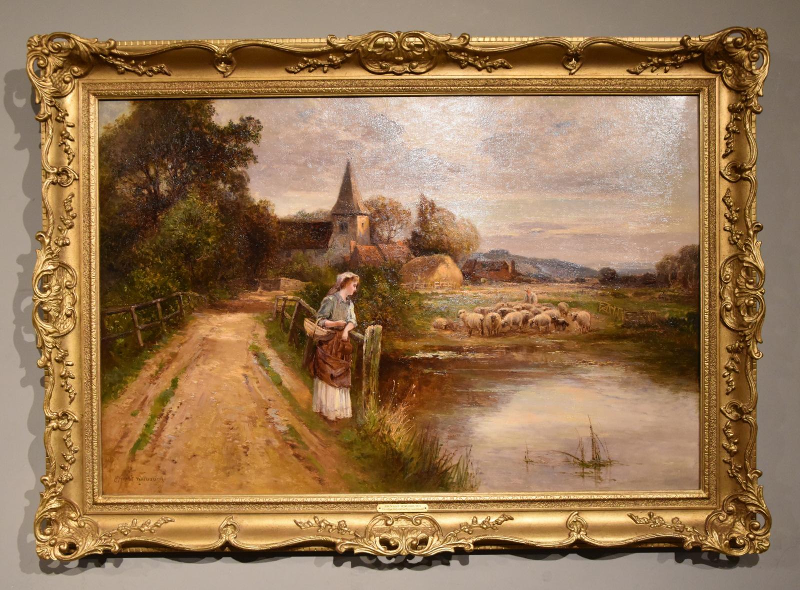 Oil Painting by Ernest Charles Walbourn “The Village Ford, a view from Bury near Arundel” 1872-1927.Walbourn was a popular painter of rural and highland landscapes. Regular exhibitor at the Royal Academy and Royal Society of British Artist. Oil on