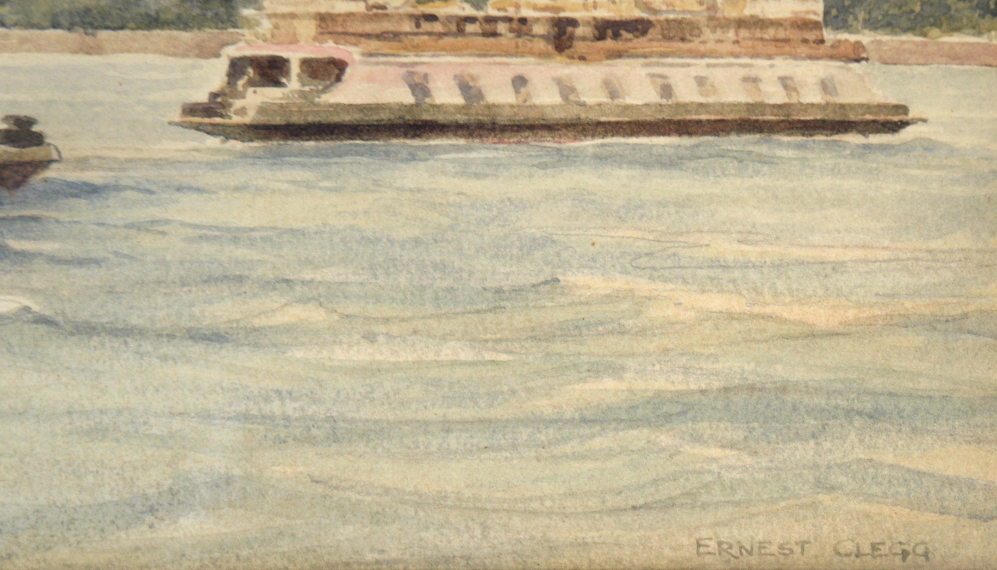 Whitehall Building, July 1939 - Harbor Seascape with Tugboat in Watercolor For Sale 6