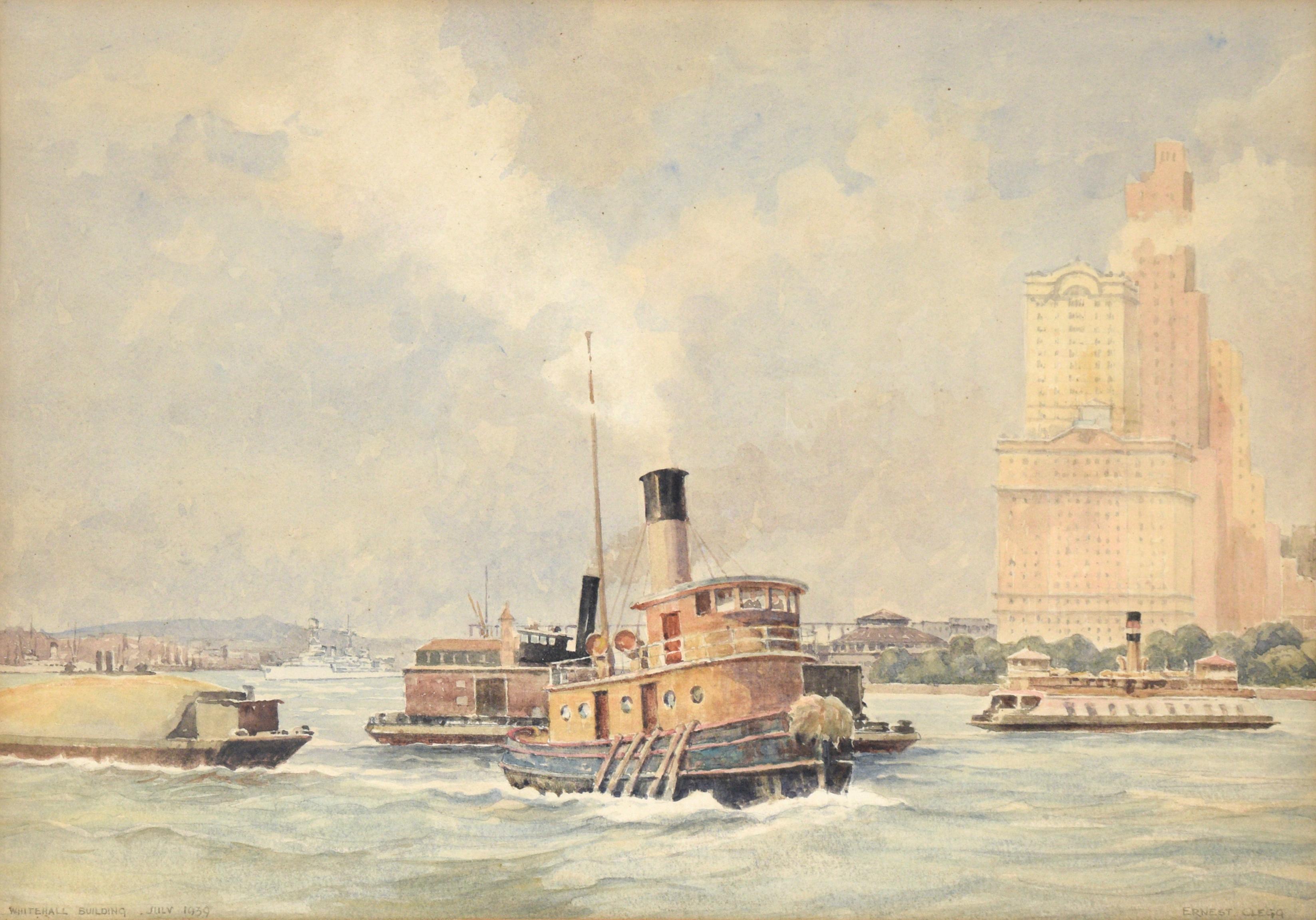 Whitehall Building, July 1939 - Harbor Seascape with Tugboat in Watercolor - Painting by Ernest Clegg