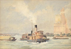Whitehall Building, July 1939 - Harbor Seascape with Tugboat in Watercolor