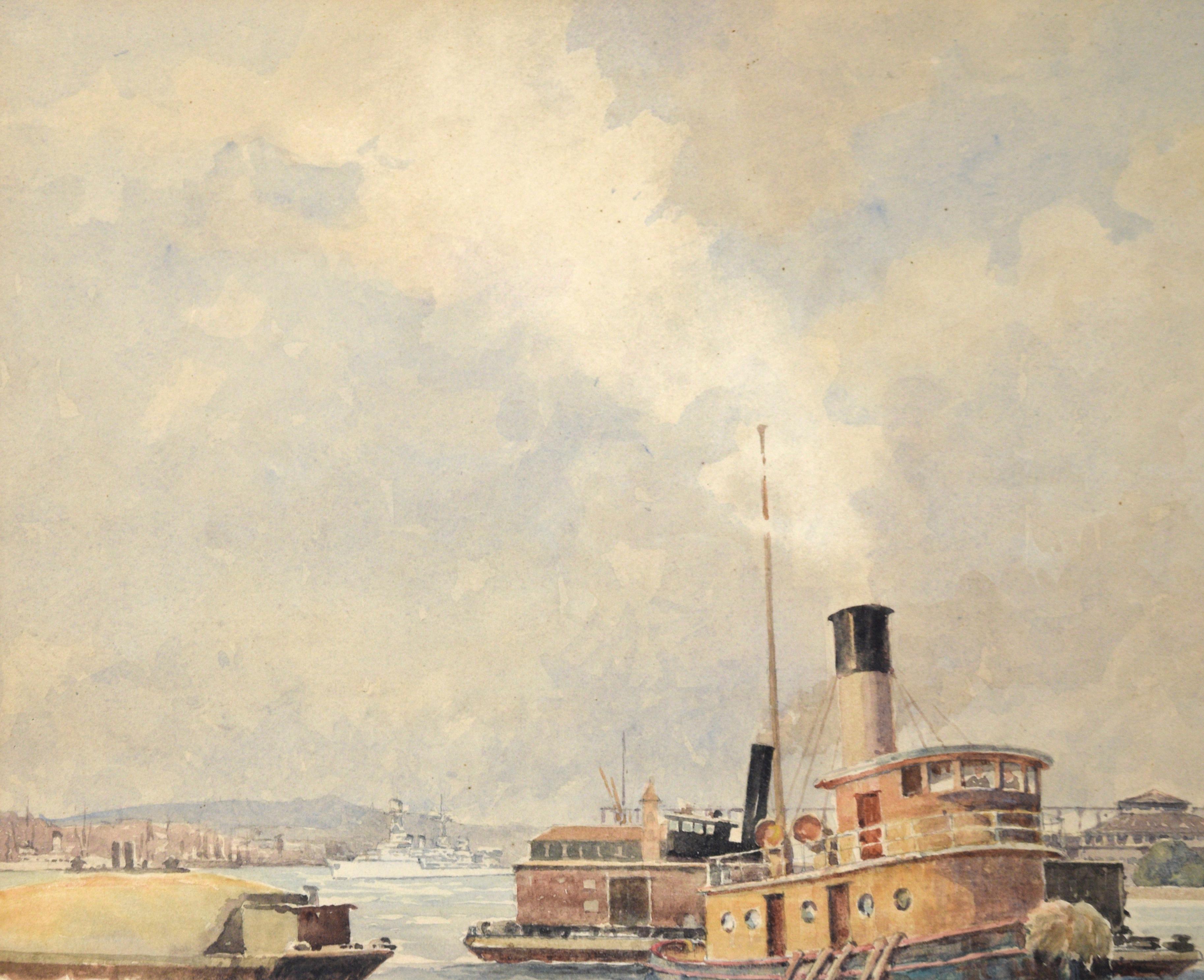 Whitehall Building, July 1939 - Harbor Seascape with Tugboat in Watercolor - Impressionist Painting by Ernest Clegg