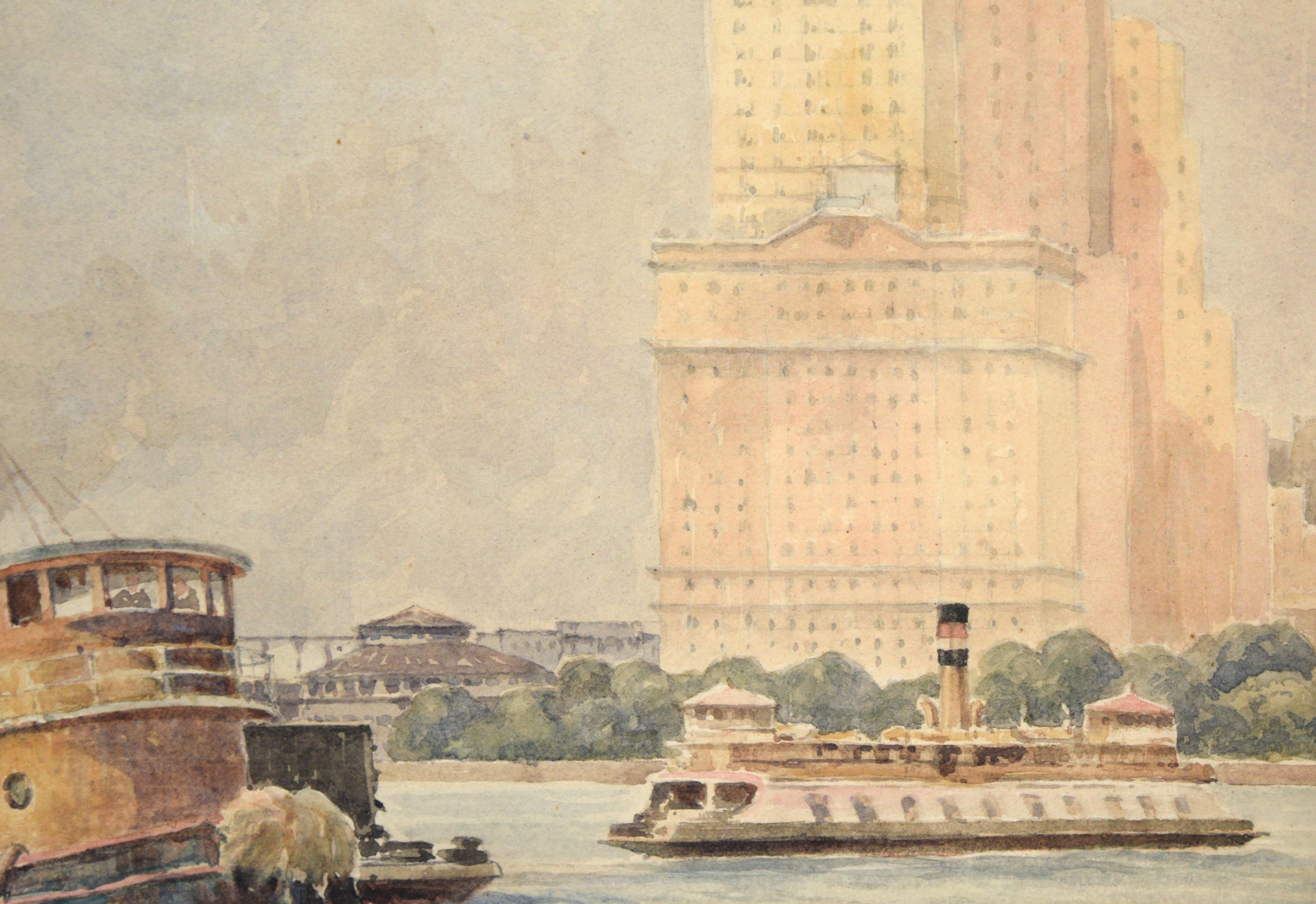 Whitehall Building, July 1939 - Harbor Seascape with Tugboat in Watercolor For Sale 1