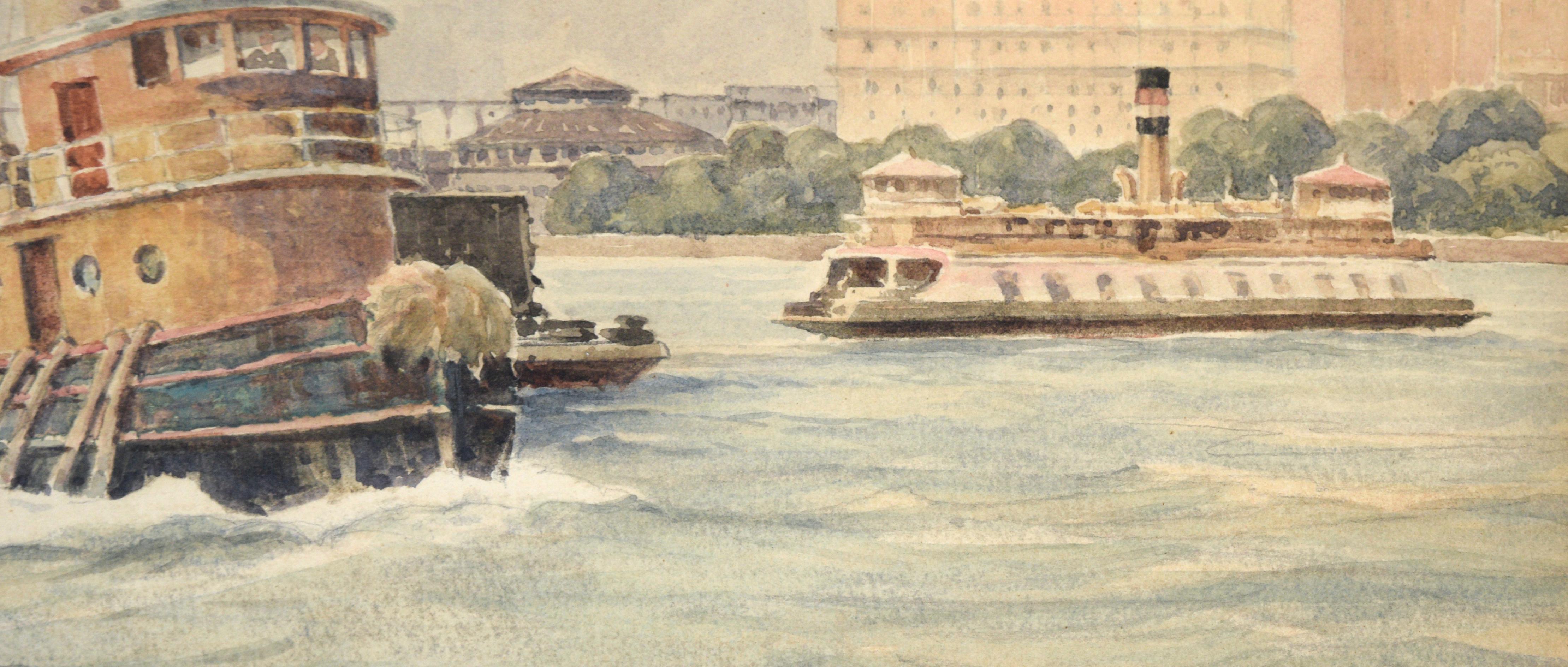 Whitehall Building, July 1939 - Harbor Seascape with Tugboat in Watercolor For Sale 2
