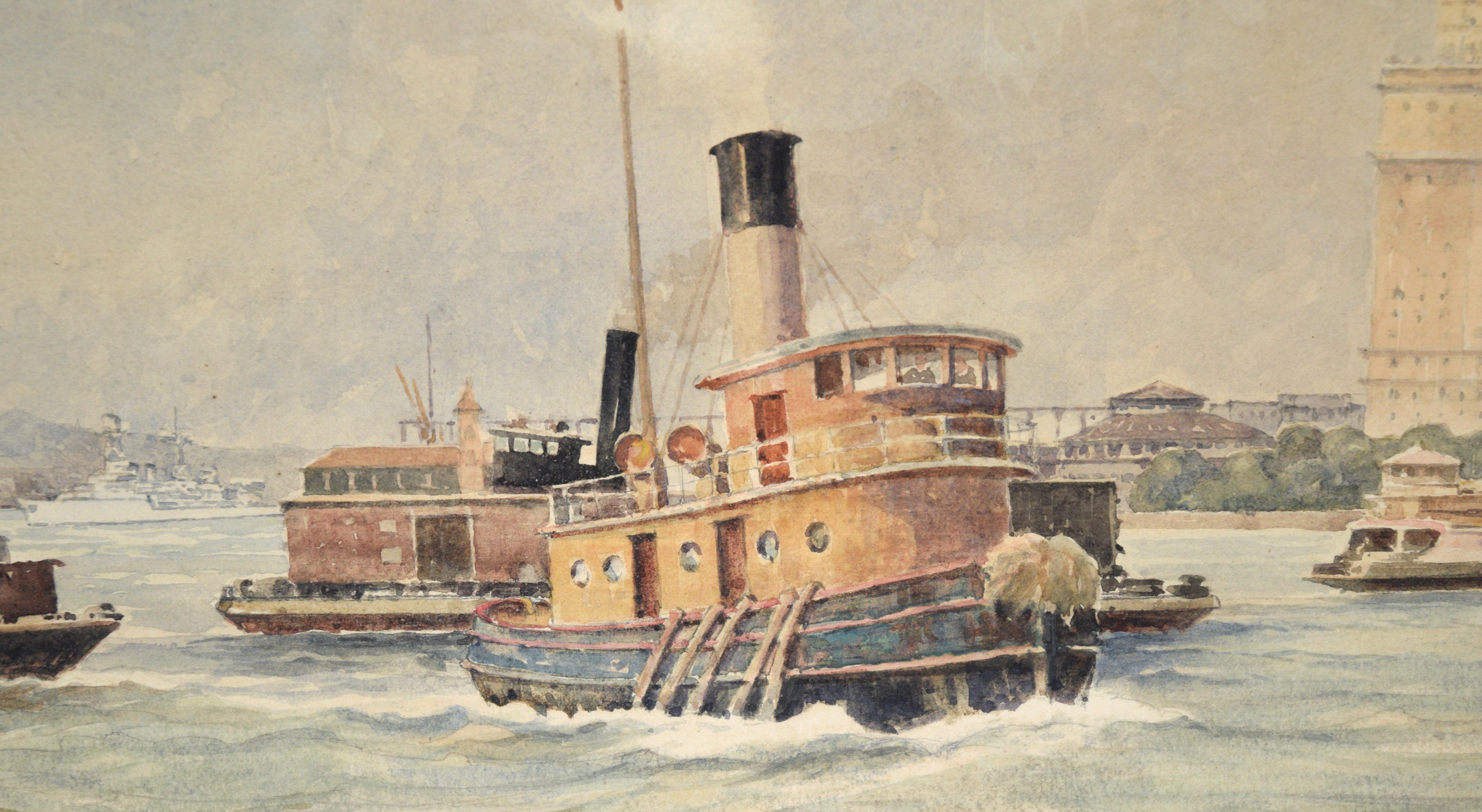 Whitehall Building, July 1939 - Harbor Seascape with Tugboat in Watercolor For Sale 3