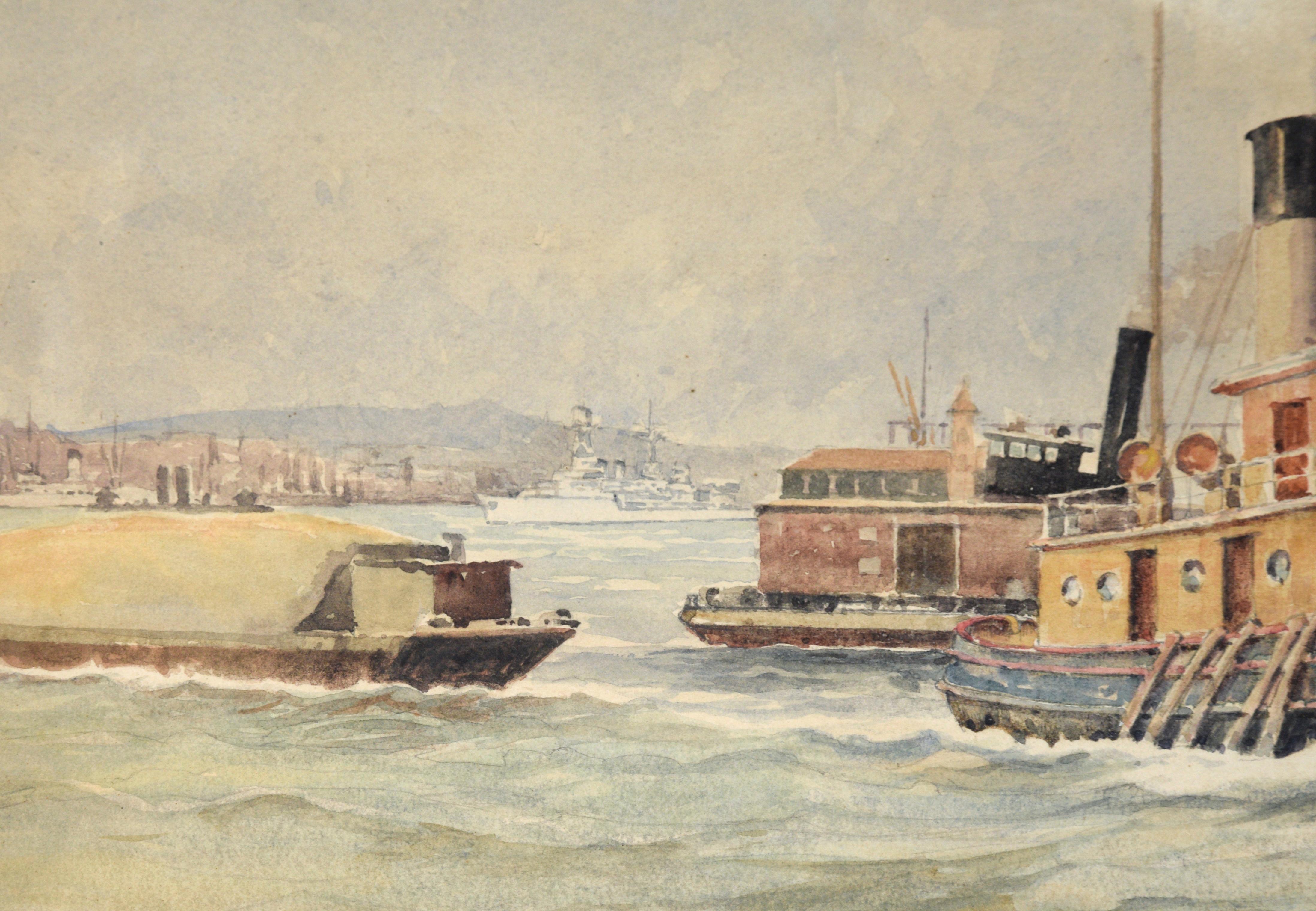 Whitehall Building, July 1939 - Harbor Seascape with Tugboat in Watercolor For Sale 4