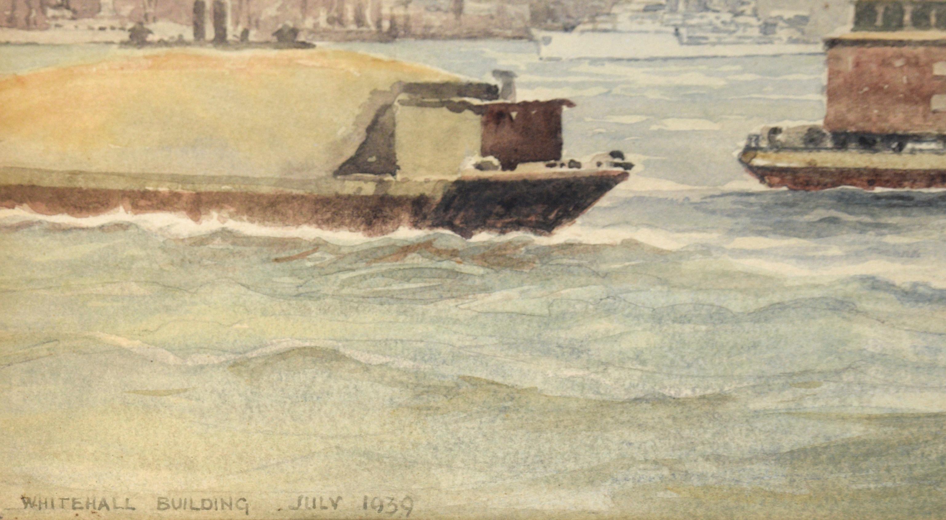 Whitehall Building, July 1939 - Harbor Seascape with Tugboat in Watercolor For Sale 5