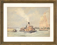 Whitehall Building, July 1939 - Harbor Seascape with Tugboat in Watercolor