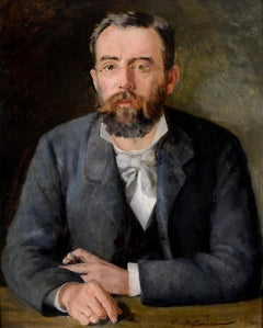 Gentleman mit einer Zigarre - Großes Antique French Portrait Öl auf Leinwand Gemälde