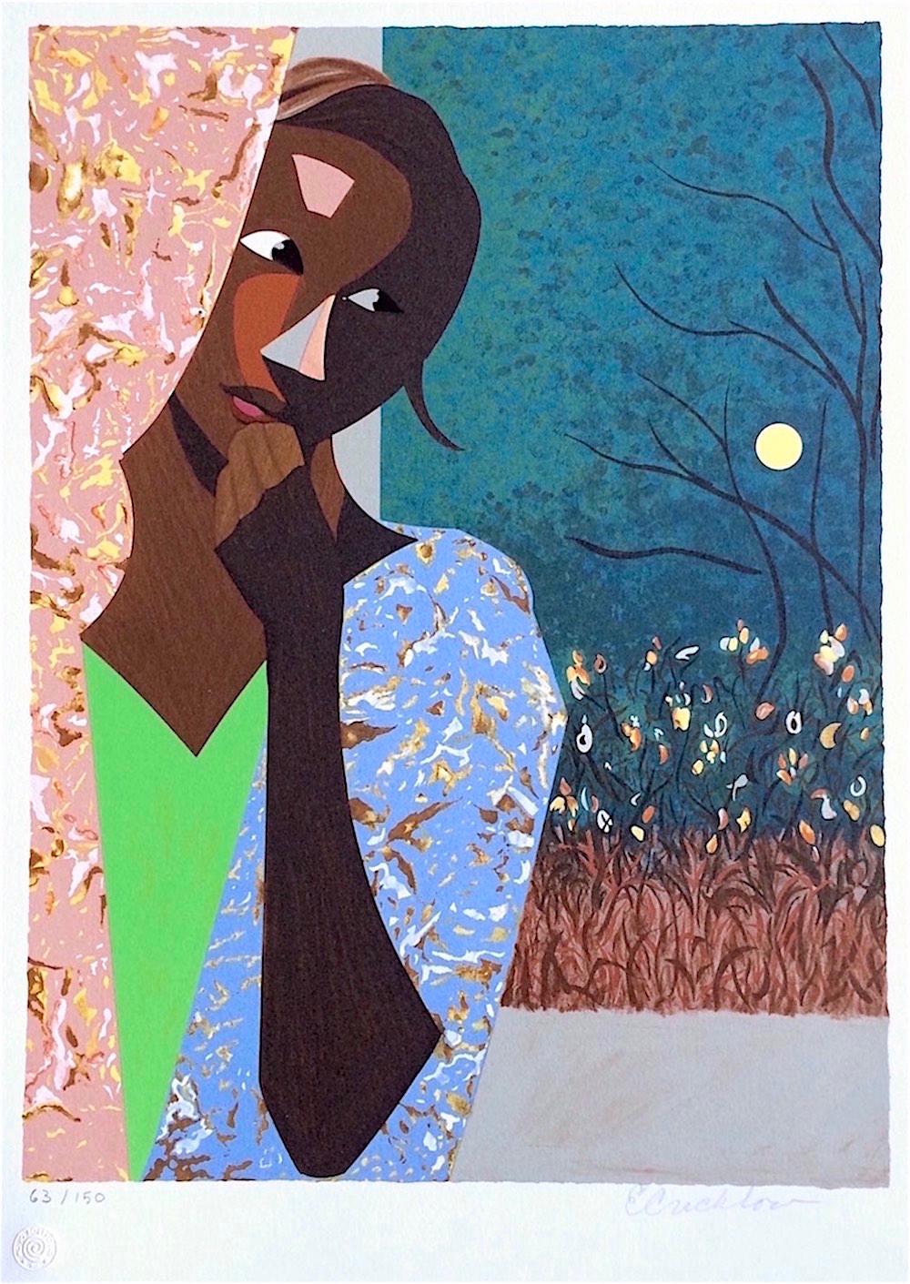 EVENING THOUGHTS Signed Lithograph, Young Black Female Portrait, Color Collage - Print by Ernest Crichlow