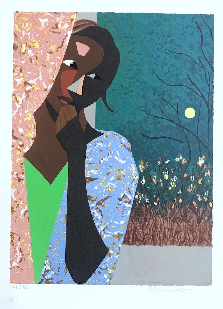 EVENING THOUGHTS Signed Lithograph, Young Black Female Portrait, Color Collage - Print by Ernest Crichlow