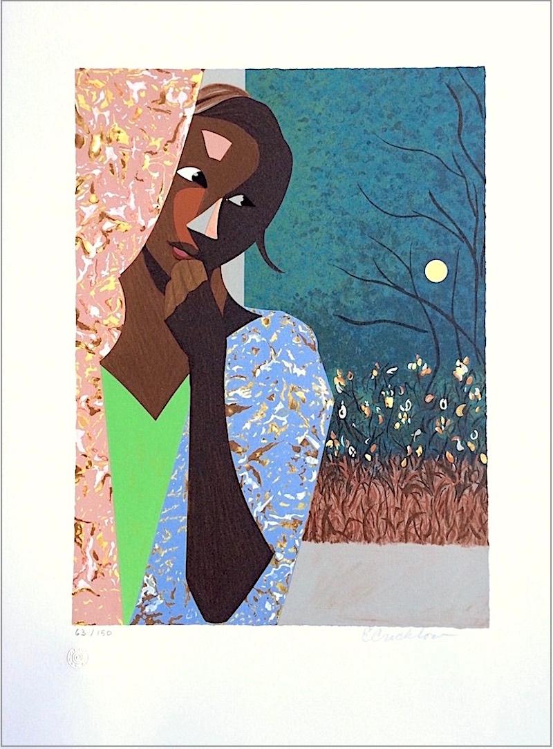 EVENING THOUGHTS Signed Lithograph, Young Black Female Portrait, Color Collage - Print by Ernest Crichlow