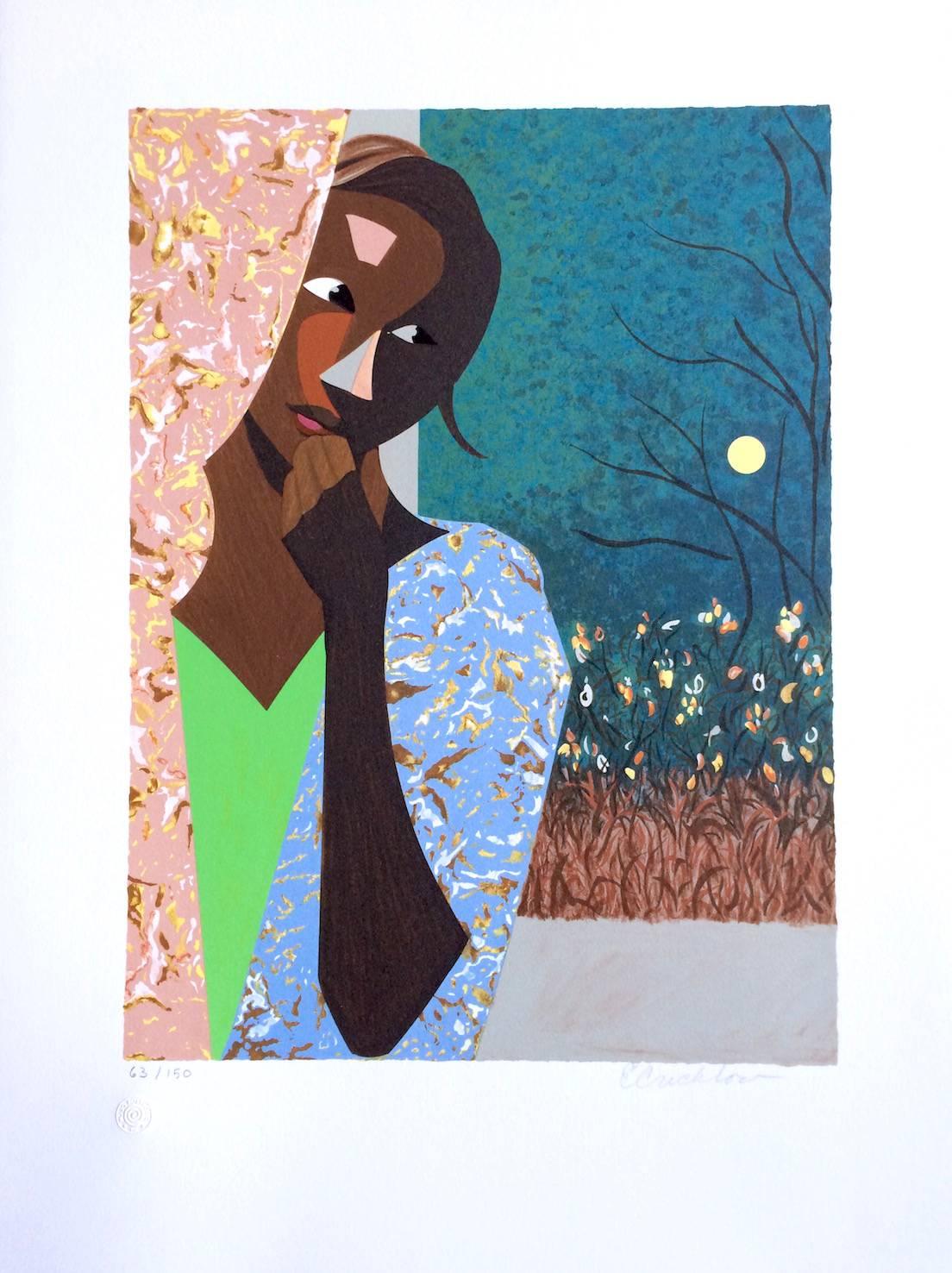 EVENING THOUGHTS Signed Lithograph, Young Black Female Portrait, Color Collage - Contemporary Print by Ernest Crichlow