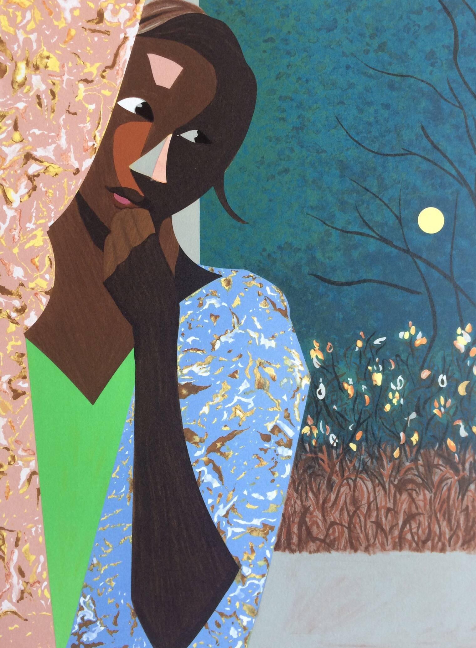 Ernest Crichlow Figurative Print - EVENING THOUGHTS Signed Lithograph, Young Black Female Portrait, Color Collage