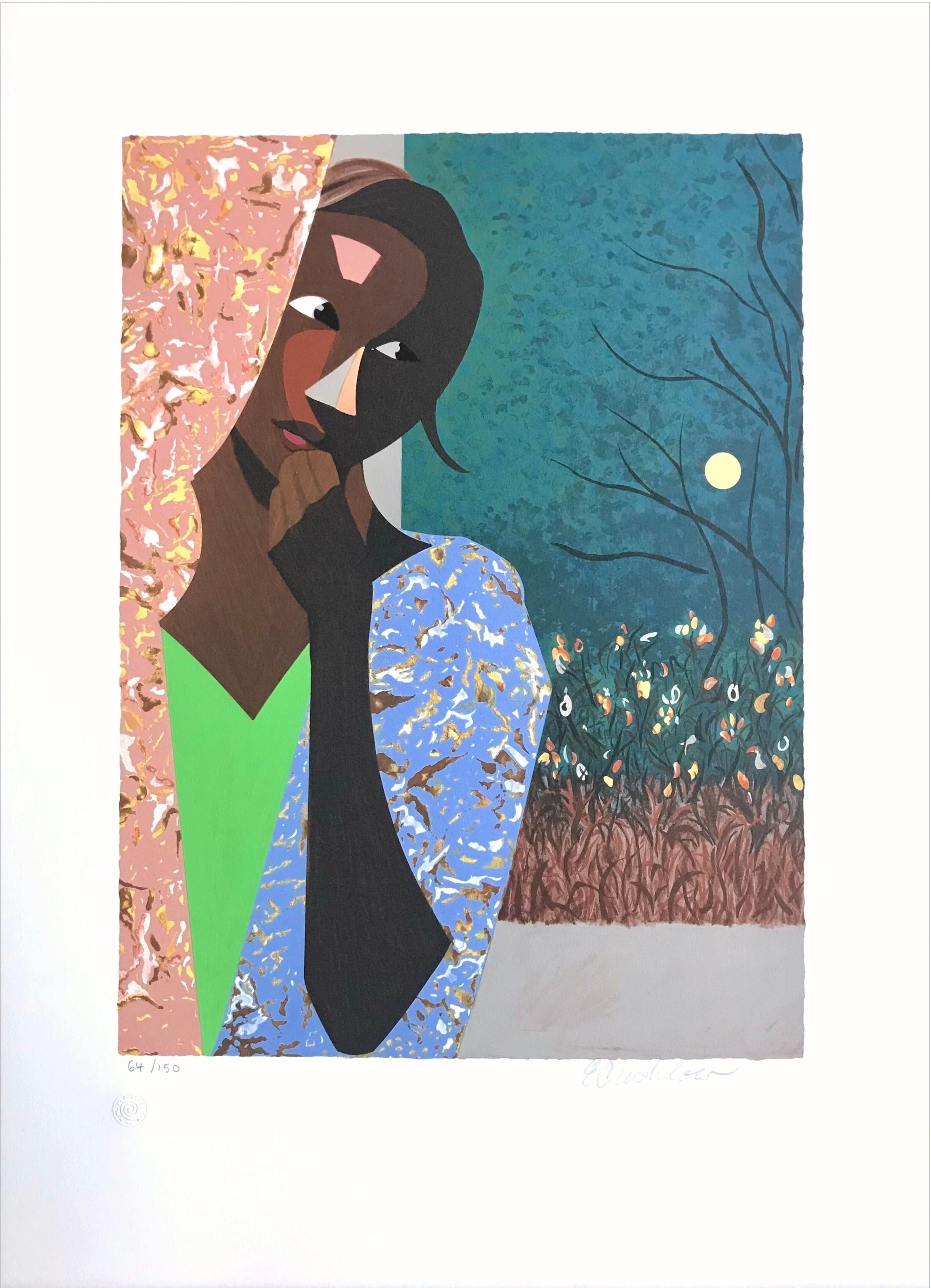 EVENING THOUGHTS Lithographie signée, jeune femme noire, portrait en collage couleur en vente 5